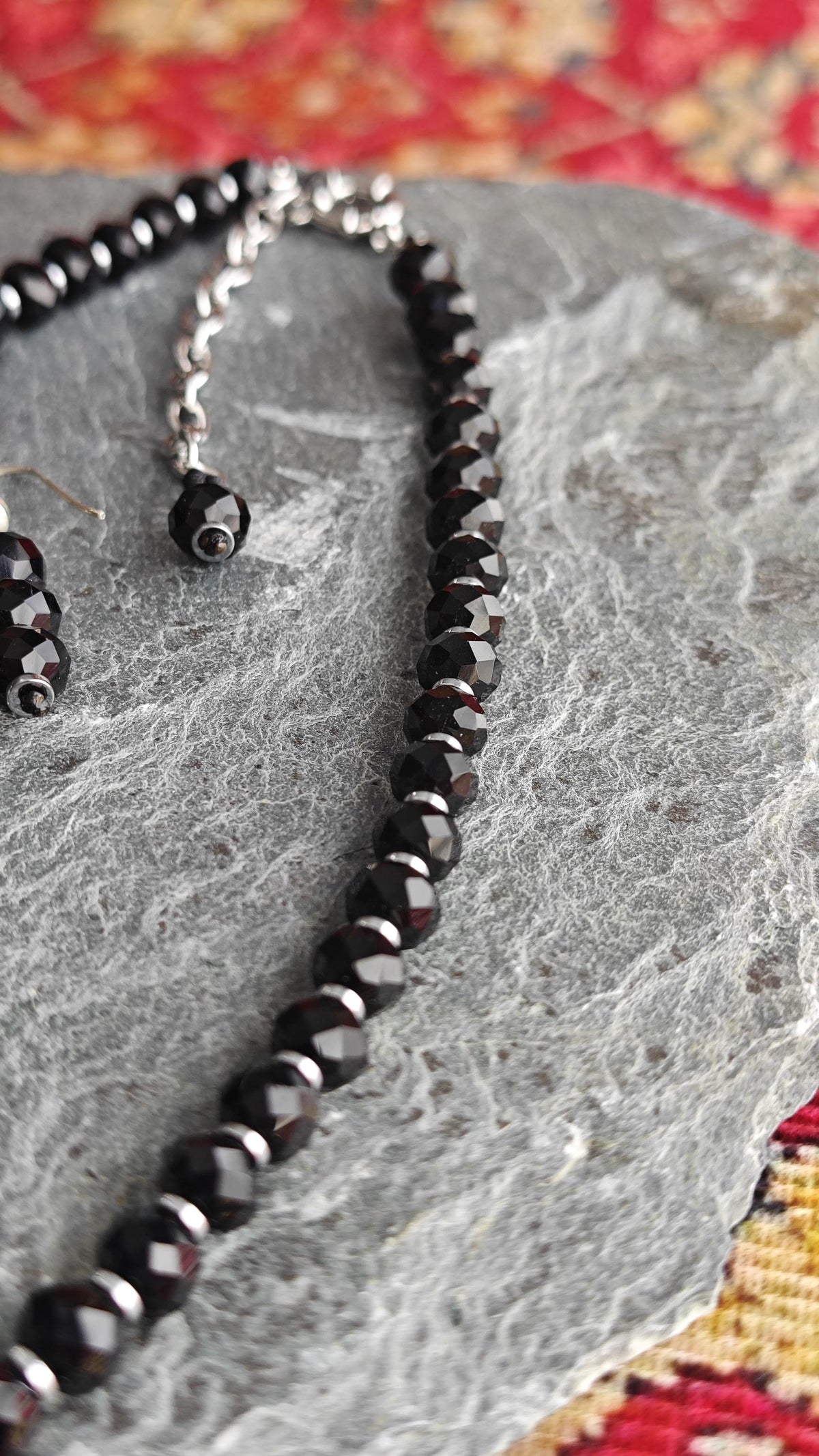 Jet Black Liuli Beaded Necklace Earring Set, Hematite Spacer, 925 Sterling Silver Hook, Gothic Elegant Glass Jewelry Set, 42-50cm