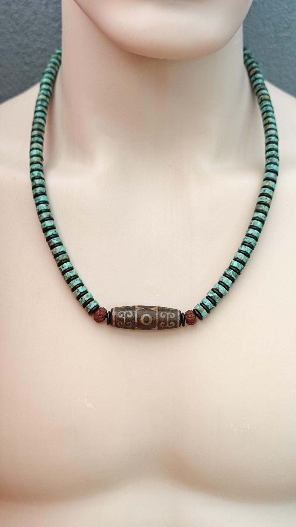 Vintage Tibetan Dzi Bead Turquoise Choker, Rudraksha Mala, Coconut Shell, Tribal Amulet Necklace