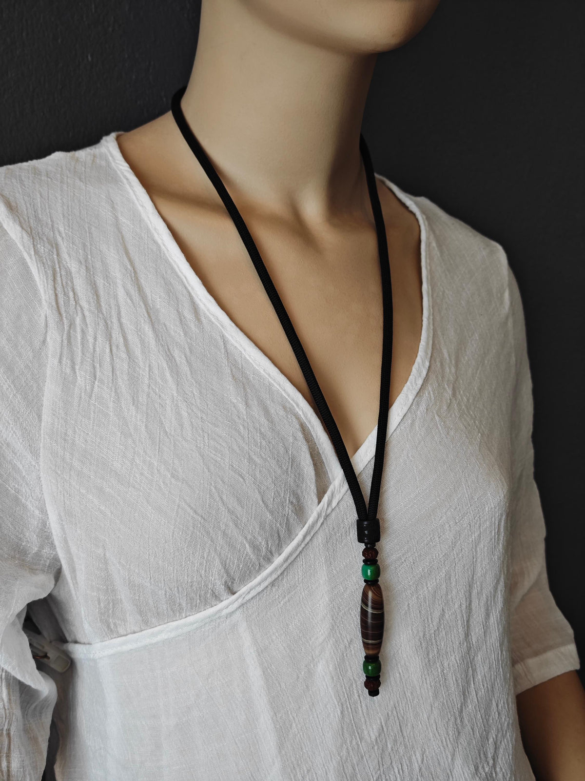 Tibetan Dzi Bead Necklace, Turquoise, Rudraksha, Wood, Coconut Shell, Bohemian Jewelry