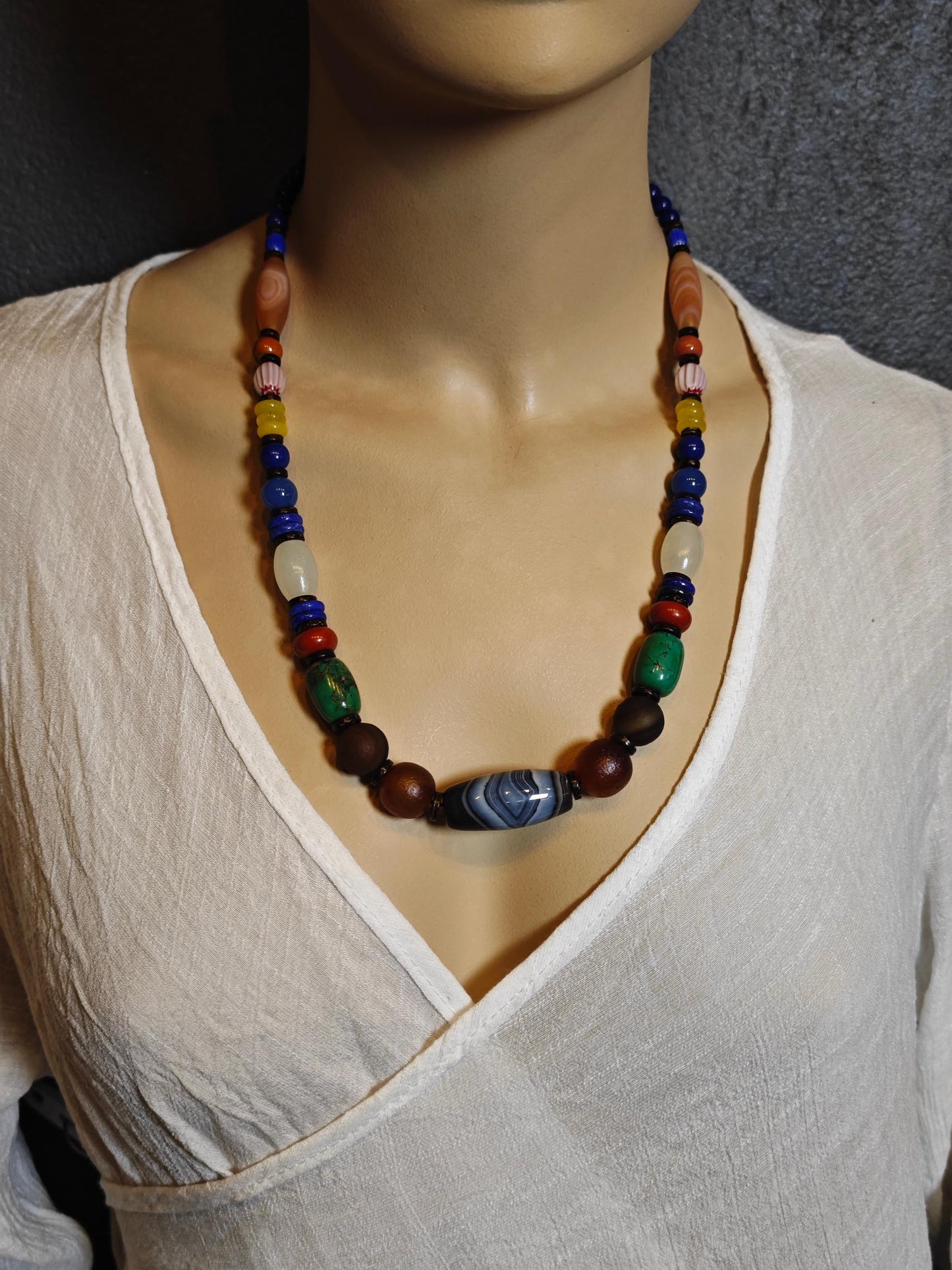 Handmade Multi Gemstone Necklace with Sardonyx Agate & Turquoise | Long Ethnic Bohemian Jewelry