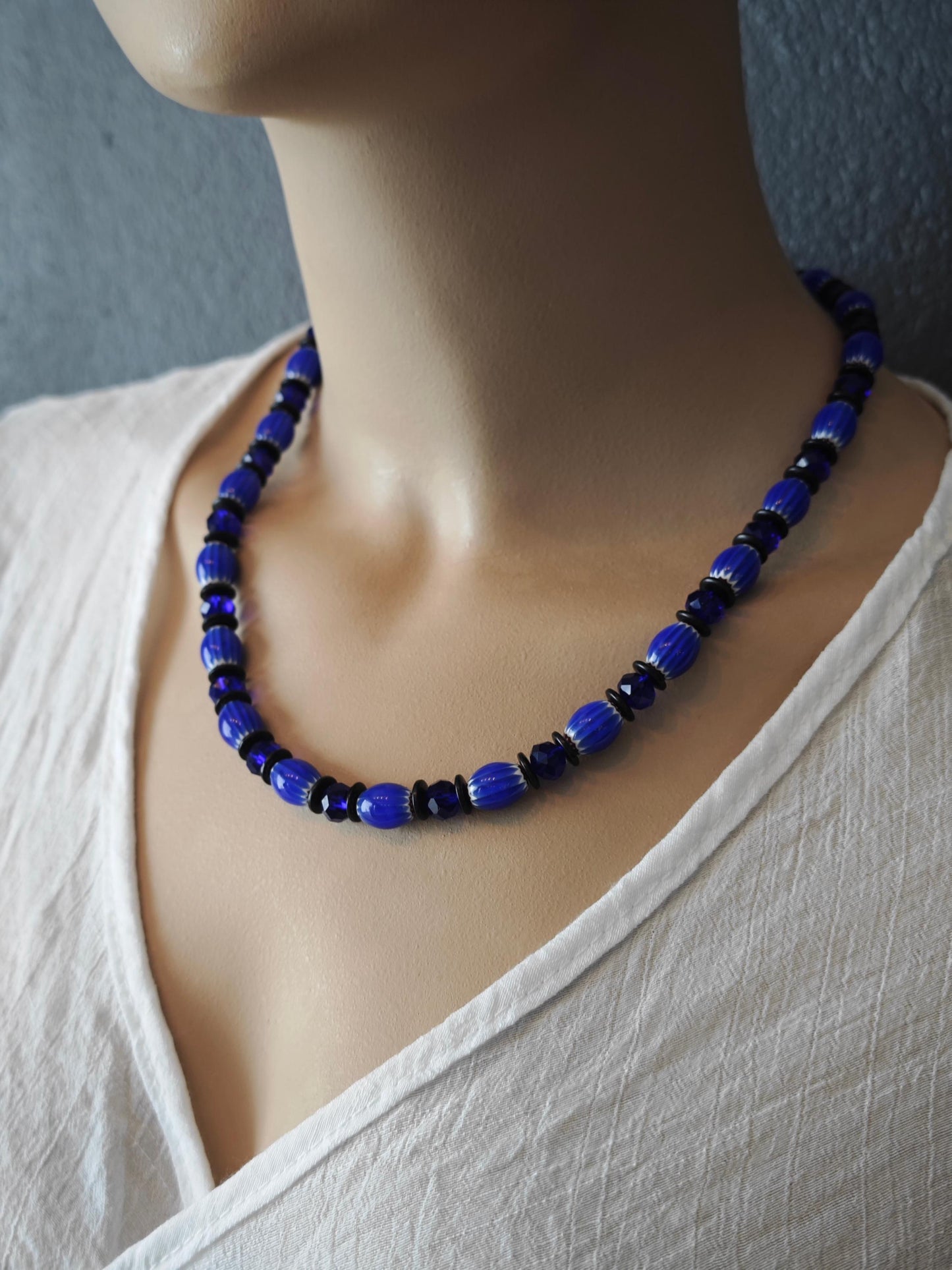 Handmade African Trade Beads Necklace, Blue Liuli, Coconut Spacers, Adjustable Ethnic Boho Jewelry
