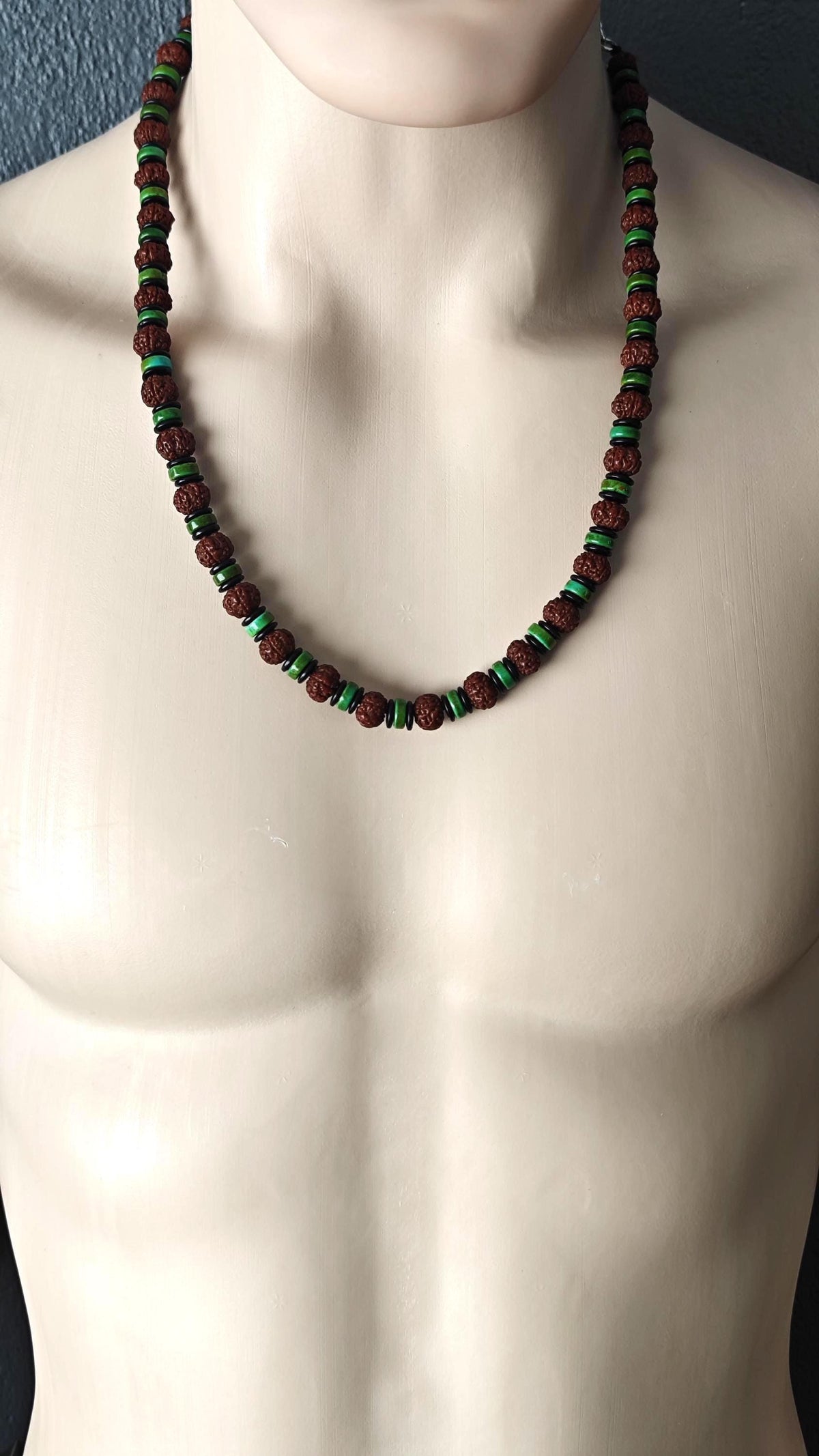 Natural Rudraksha Mala Bead Necklace, Turquoise Coconut Shell Disc, Ethnic Tribal Surfer Jewelry for Men Women, Stainless Steel 53-63cm