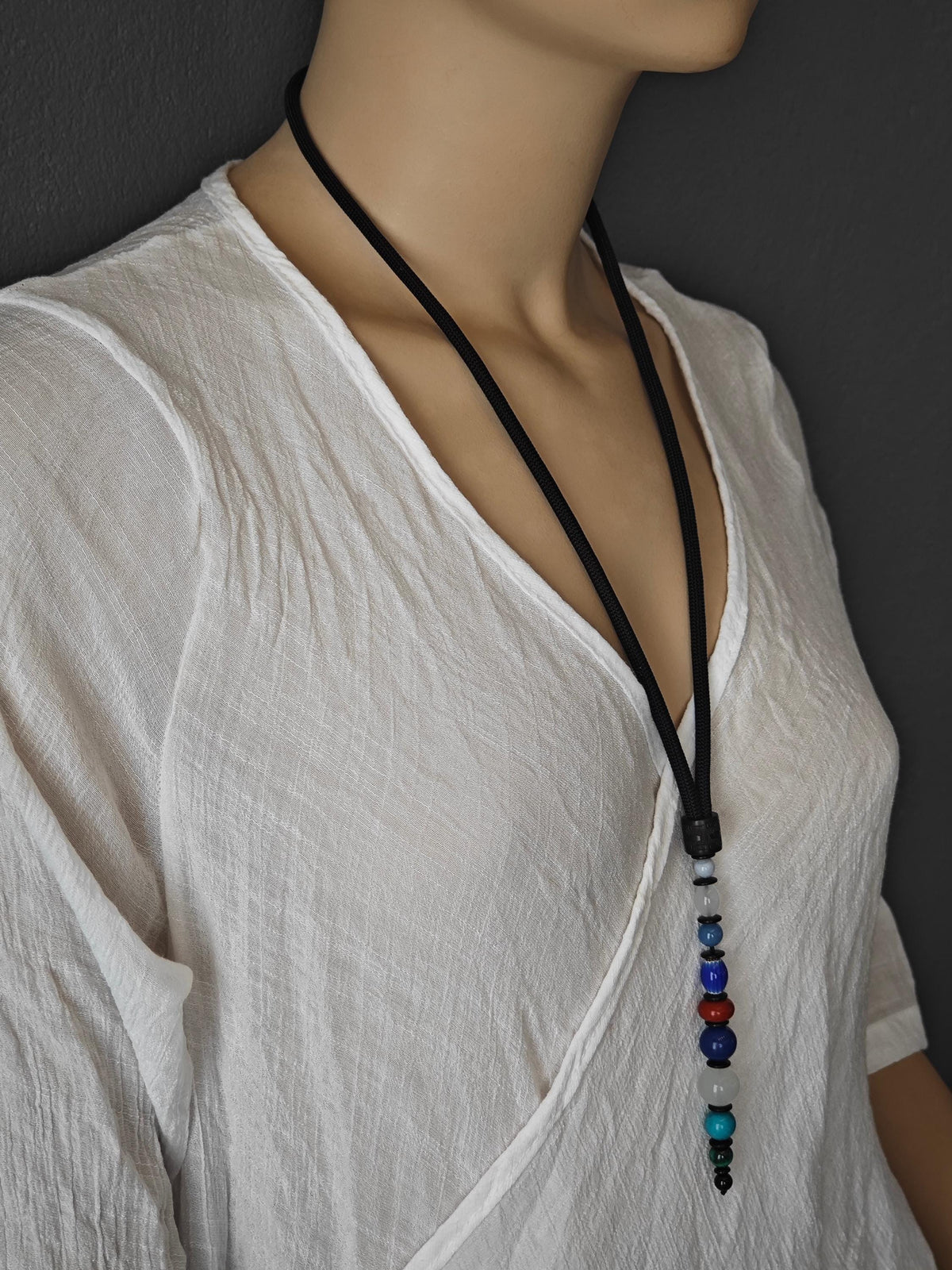Multi-Gemstone Beaded Pendant Necklace, Mutton Fat White Jade, Lapis Lazuli, Turquoise, African Trade Bead, Long Boho Black Cord Necklace