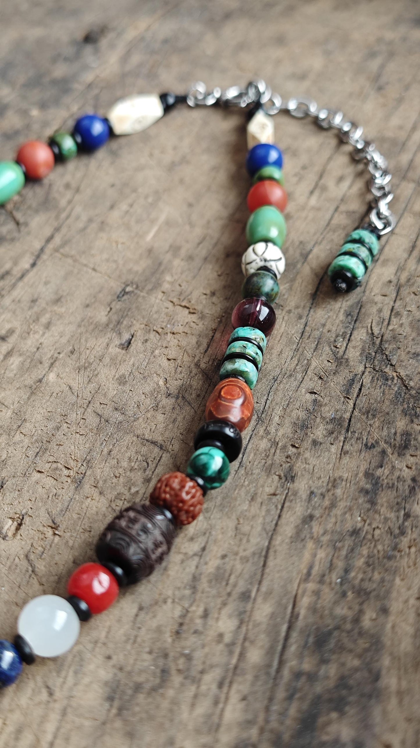 Vintage 3-Eye Dzi Bead Multi Gemstone Necklace, Turquoise Lapis Lazuli Mala, Boho Yoga Amulet