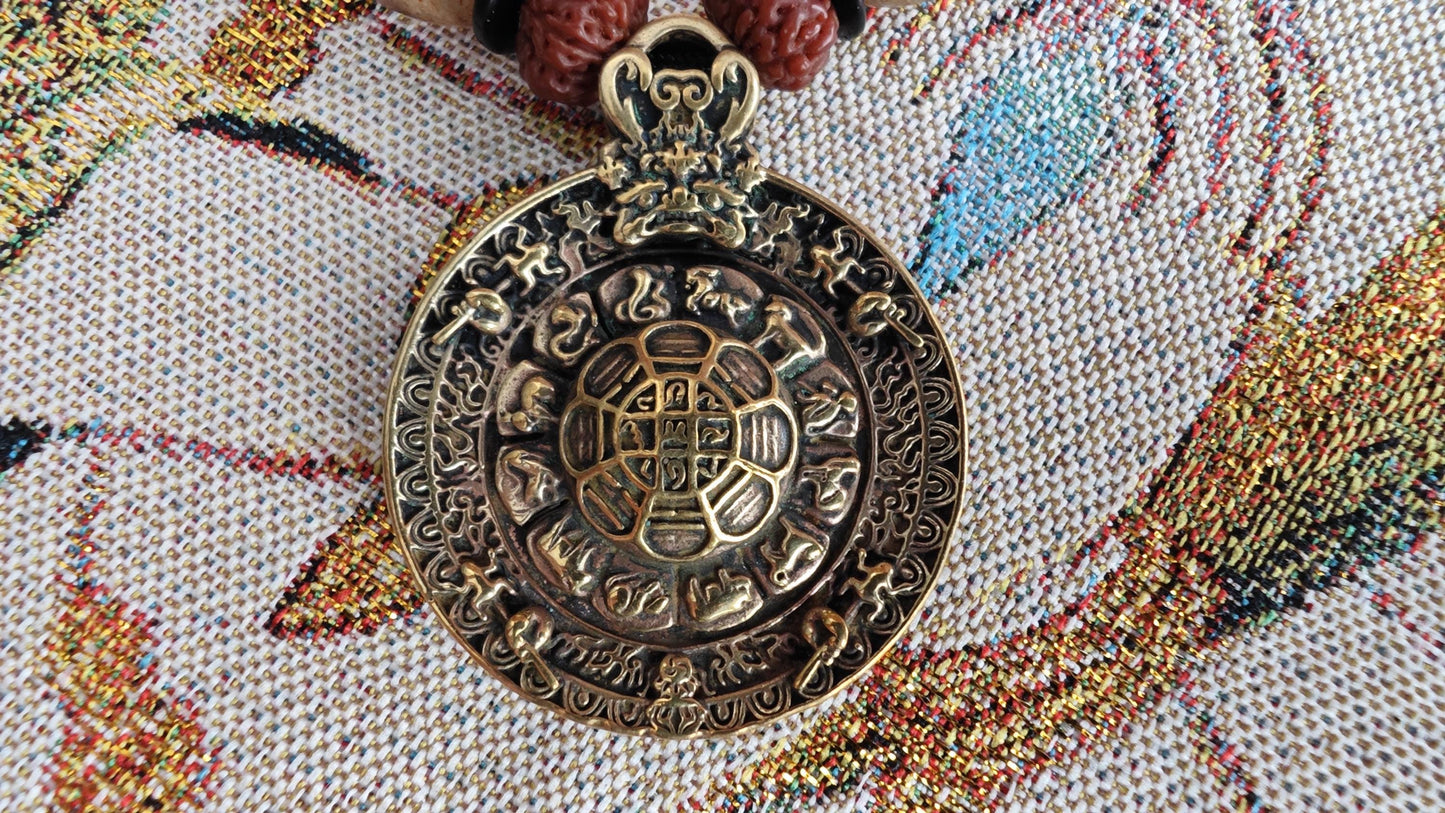 Vintage Tibetan Brass Pendant Necklace, Rudraksha Turquoise Boho Tribal Amulet
