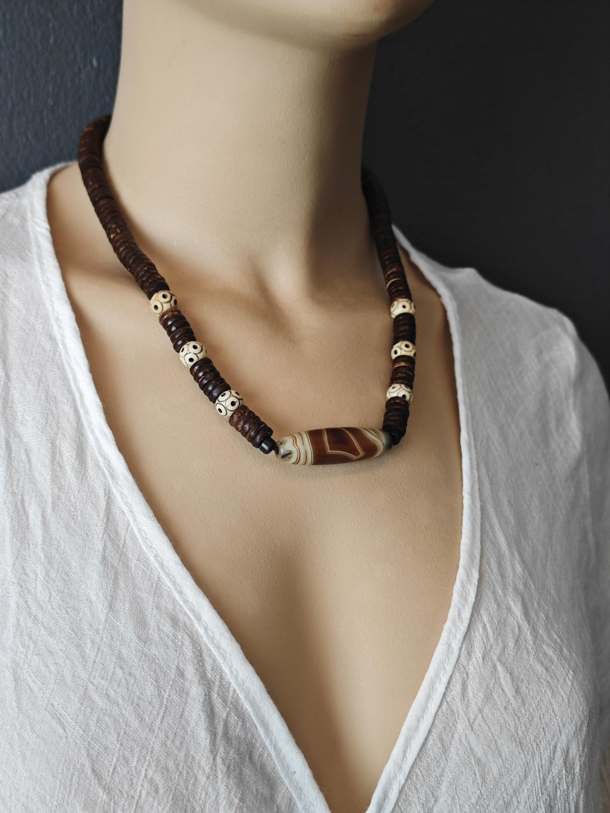 Tibetan Sardonyx Agate Dzi Bead Necklace, Yak Bone, Coconut Shell, Bohemian Spiritual Jewelry