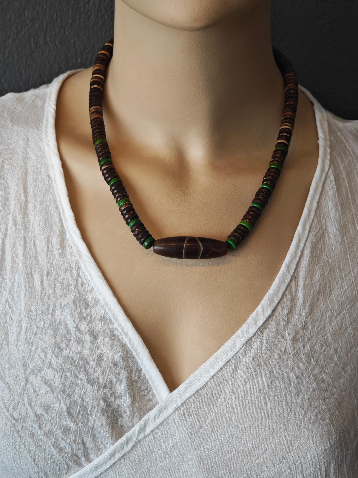 Tibetan Dzi Bead Necklace, Sardonyx Agate, Turquoise, Coconut Shell, Bohemian Jewelry