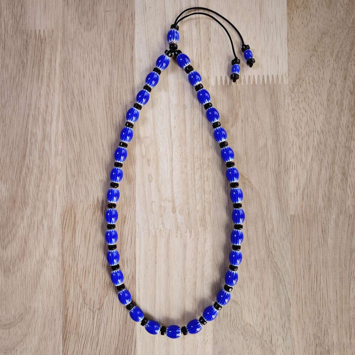 Blue Chevron African Trade Beads Necklace, Coconut Shell Choker, Tribal Boho Glass Jewelry
