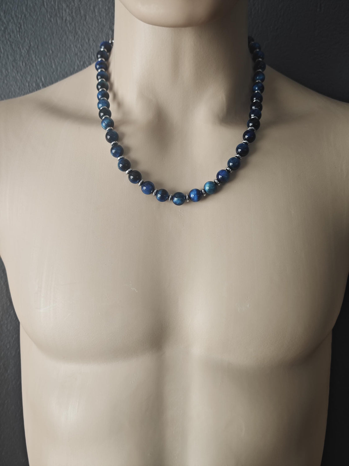 Handmade Blue Tiger's Eye Necklace with Hematite, Adjustable Ethnic Boho Jewelry