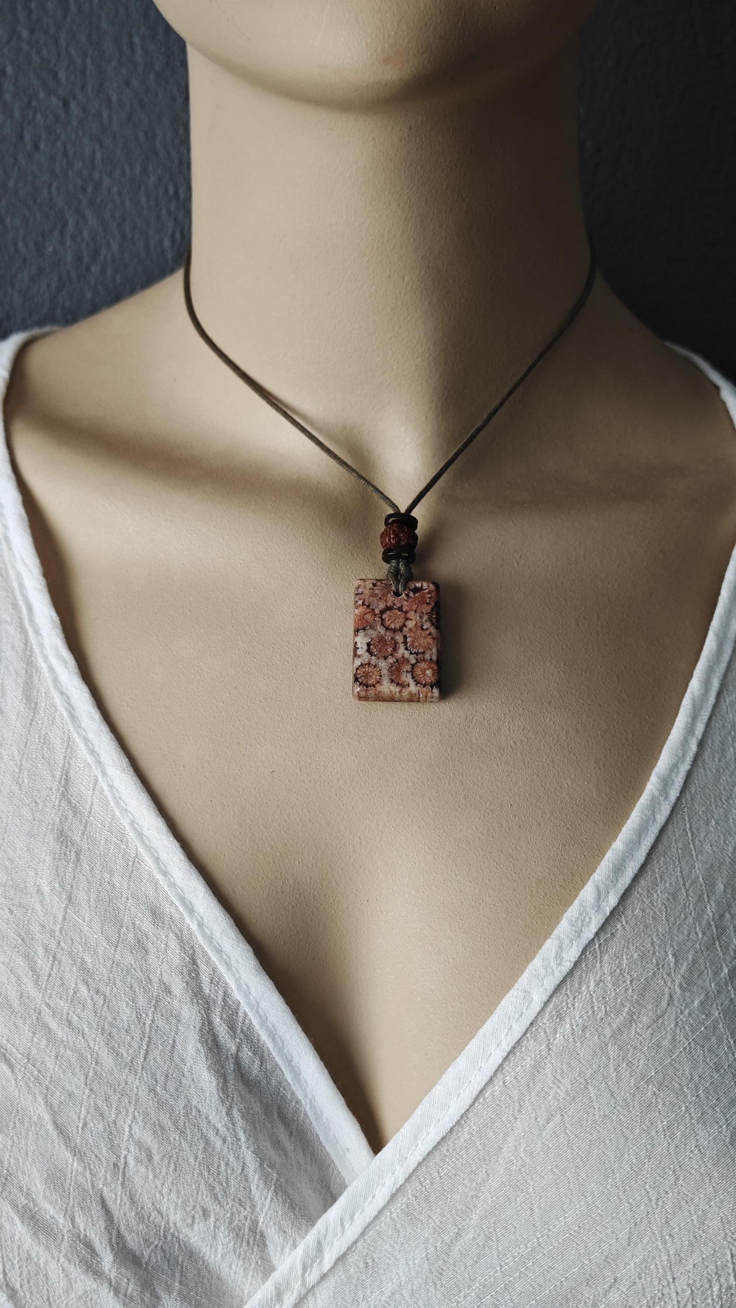 Coral Fossil Pendant Necklace, Rudraksha Mala, Coconut Disc, Tribal Choker (Adjustable 40-60cm)