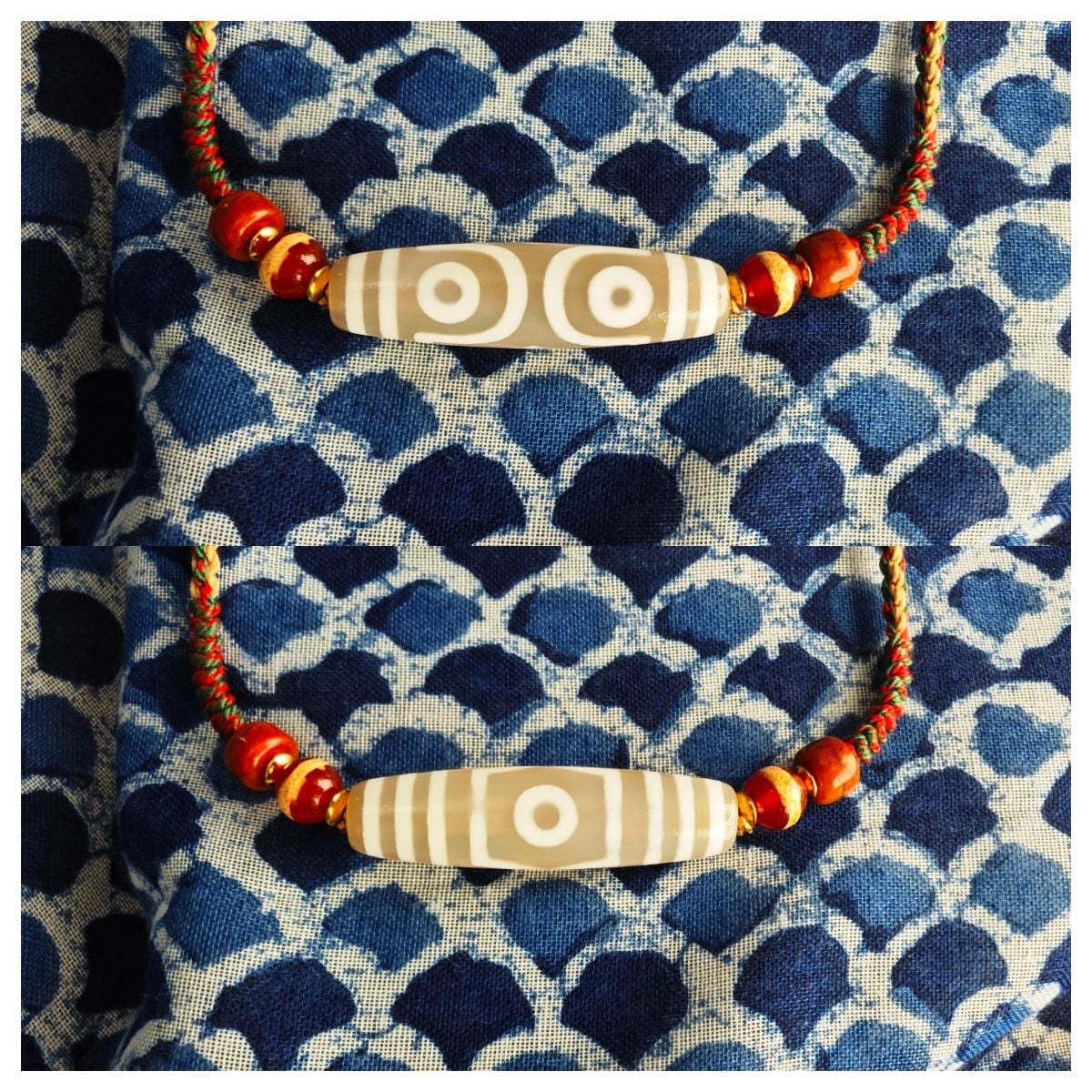 Tibetan White Dzi Bead Necklace, Hand-Braided Colorful Cord Choker, Aged Yak Bone & Red Dzi Amulet, Adjustable Spiritual Gift 40-70cm