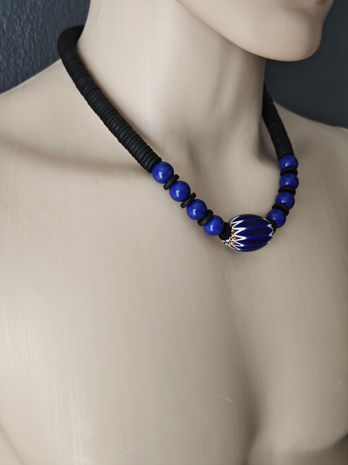 Large African Trade Bead Necklace with Lapis Lazuli & Coconut, Ethnic Tribal Bohemian Jewelry