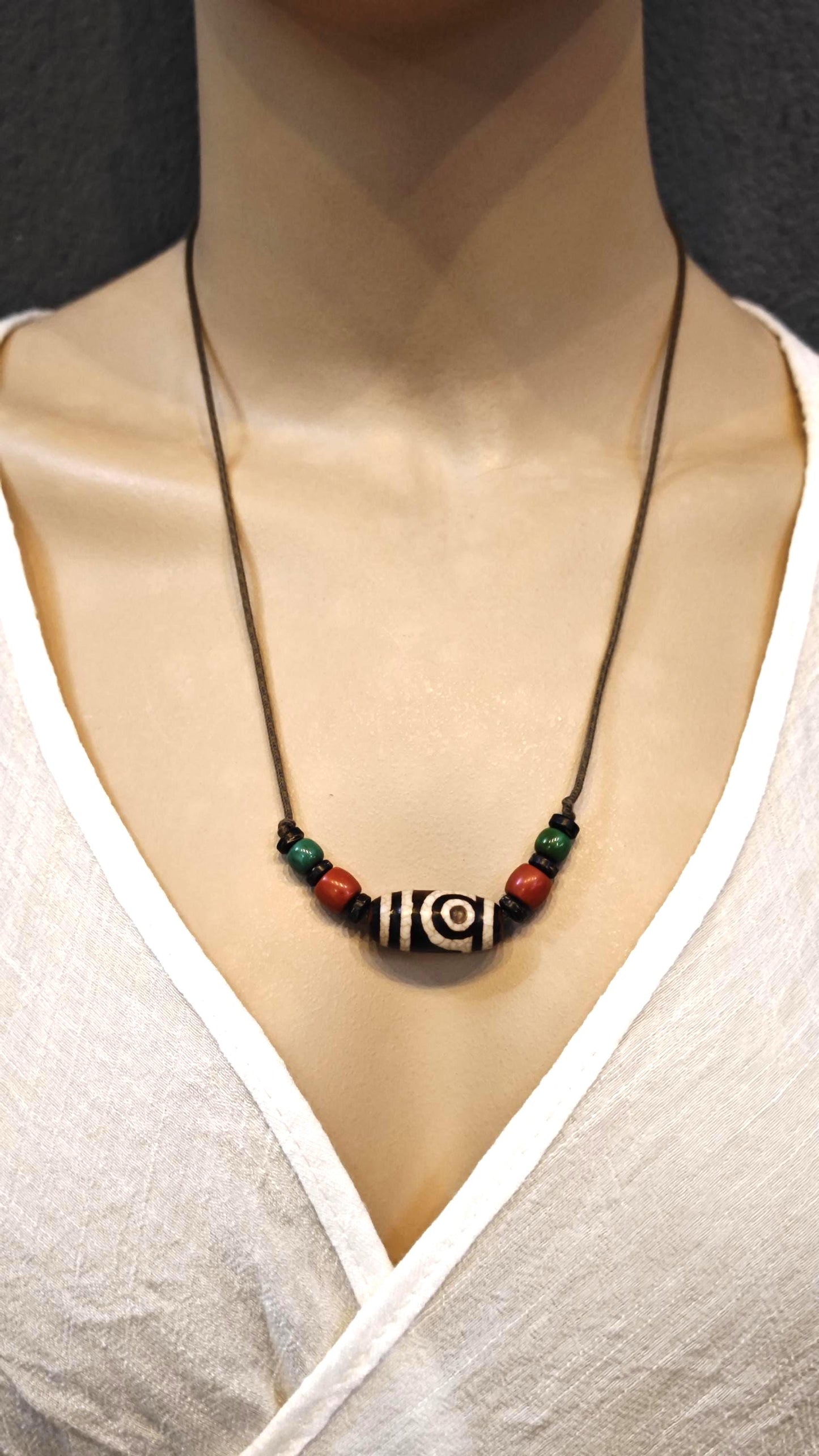 Vintage Tibetan Dzi Bead Necklace, Nan Hong Red Agate, Turquoise Tribal Pendant (40-60cm)