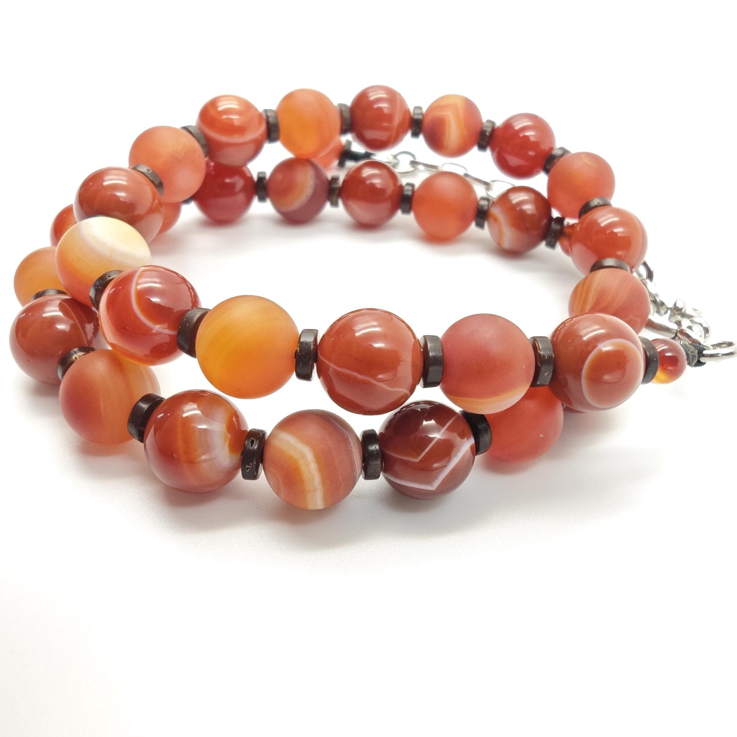 Banded Agate Beaded Necklace, Red Brown Matte & Glossy Gemstone Choker, Earthy Boho Jewelry, Coconut Shell Spacers, Unisex Adjustable 47cm