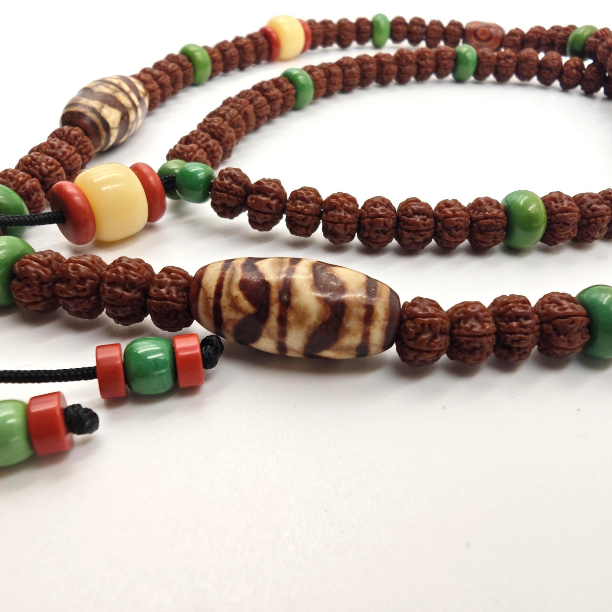 Vintage Tibetan Dzi Bead Necklace, Brass Amulet Pendant, Long Tribal Mala 80cm, Yak Bone & Turquoise Boho Jewelry, Spiritual Yoga Gift