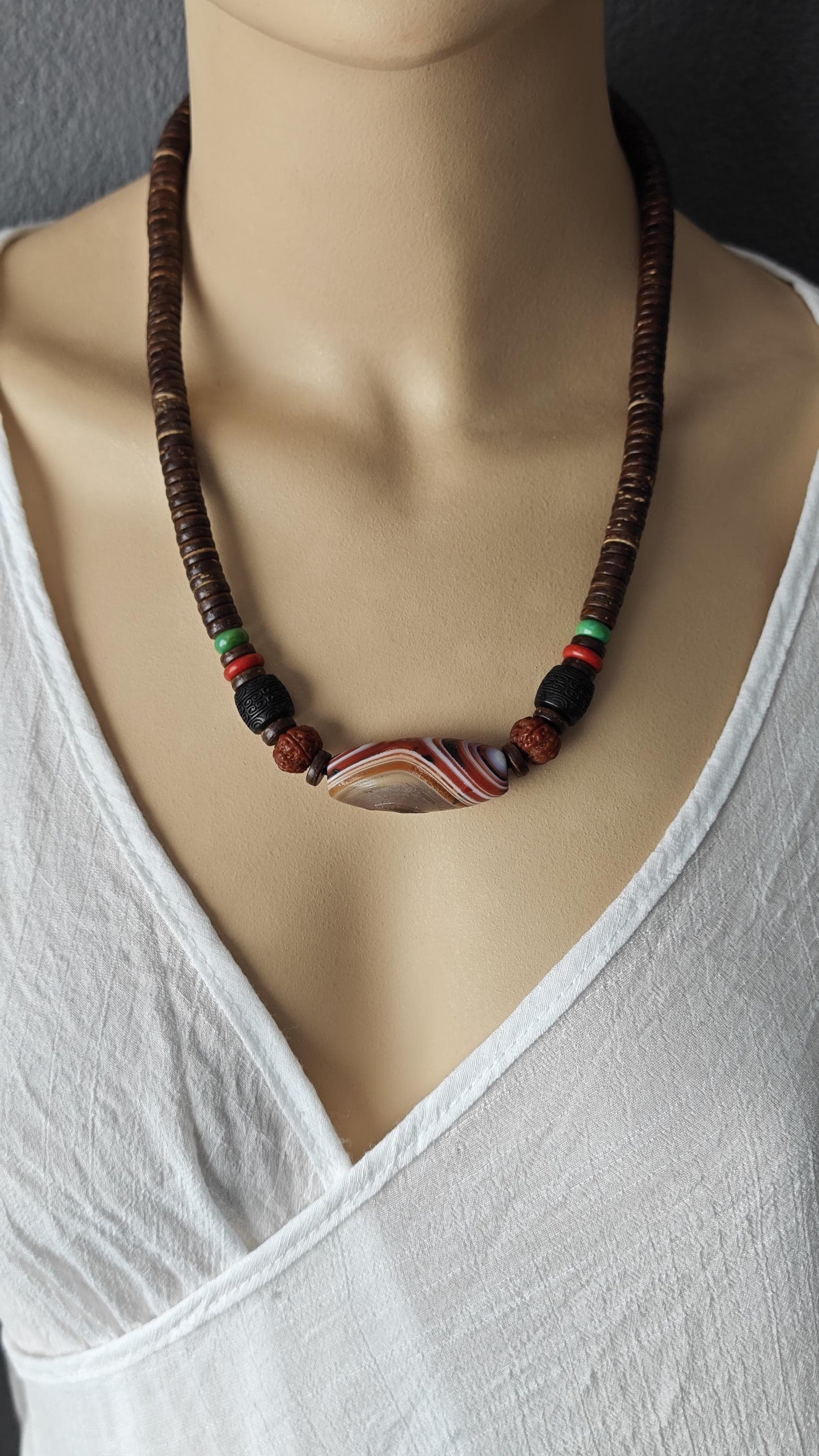 Vintage Banded Agate Bead Necklace, Rudraksha Mala Hand Carved Wood Choker, Turquoise Coconut Disc Amulet, Tribal Jewelry 46-68cm