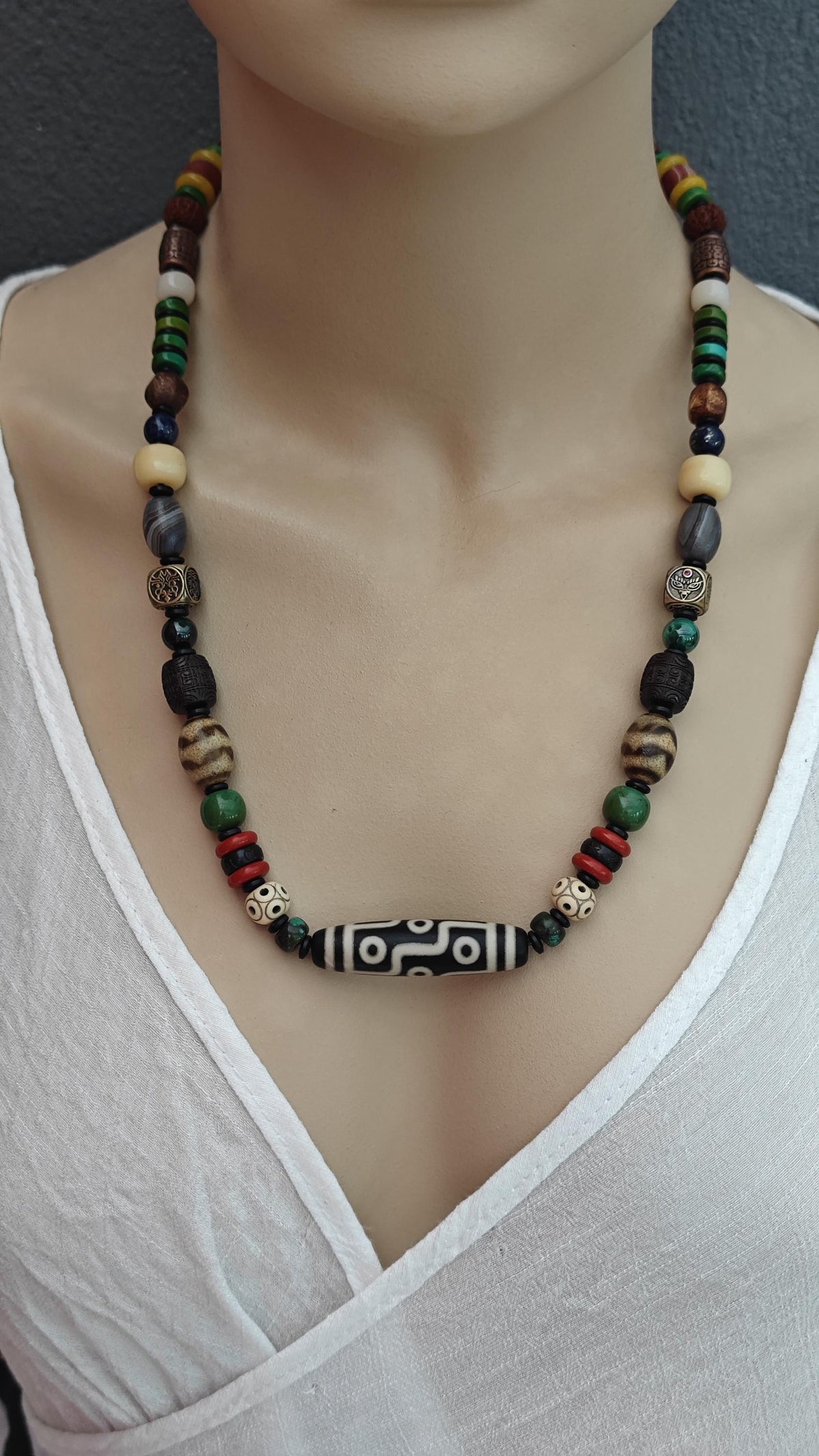 Vintage Tibetan 9 Eye Dzi Bead Multi Gemstone Necklace, Handcarved Om Mani Padme Hum, Ethnic Tribal Amulet 62-80cm