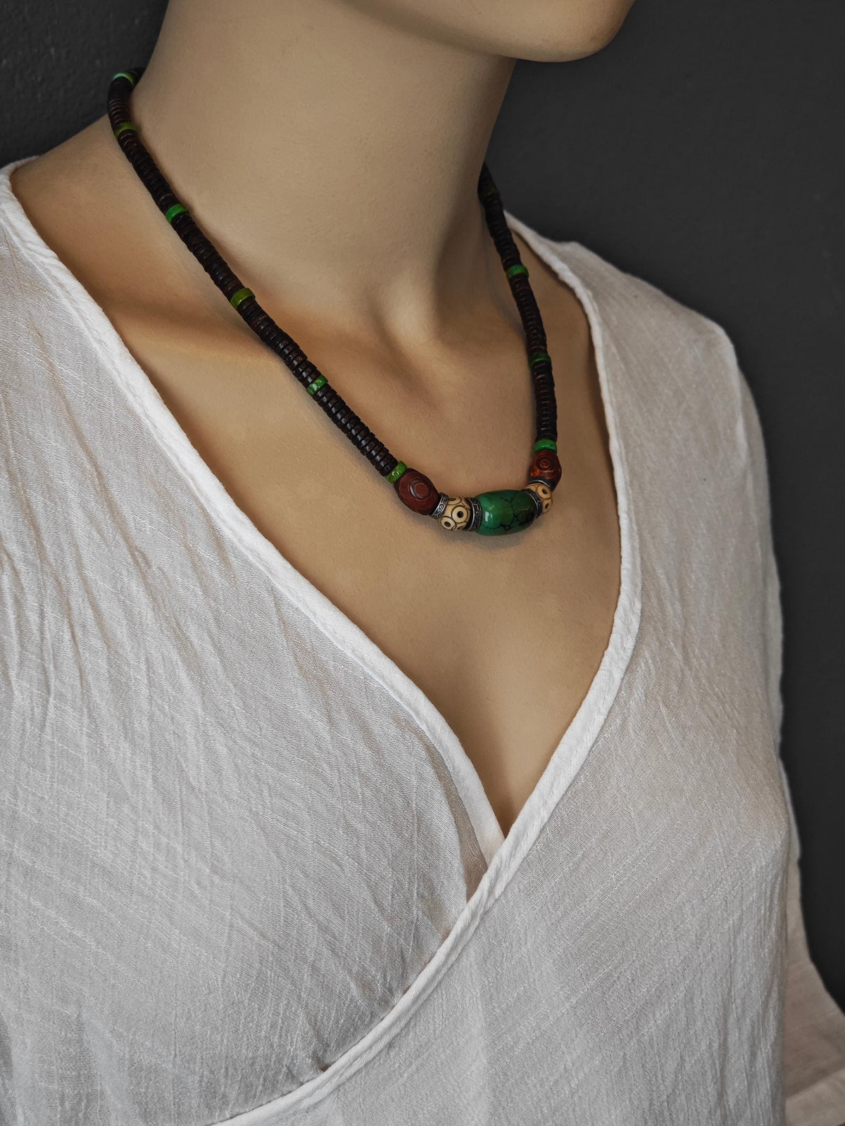 Handmade Turquoise Yak Bone Dzi Bead Necklace | Ethnic Tibetan Tribal Bohemian Jewelry