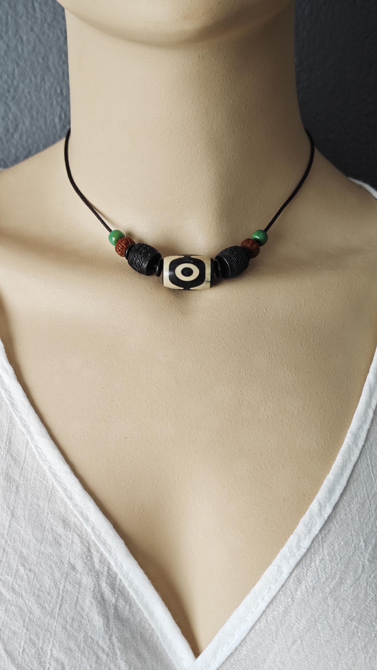 Vintage Tibetan Dzi Bead Necklace, Hand-Carved Hardwood, Rudraksha Mala, Turquoise Pendant