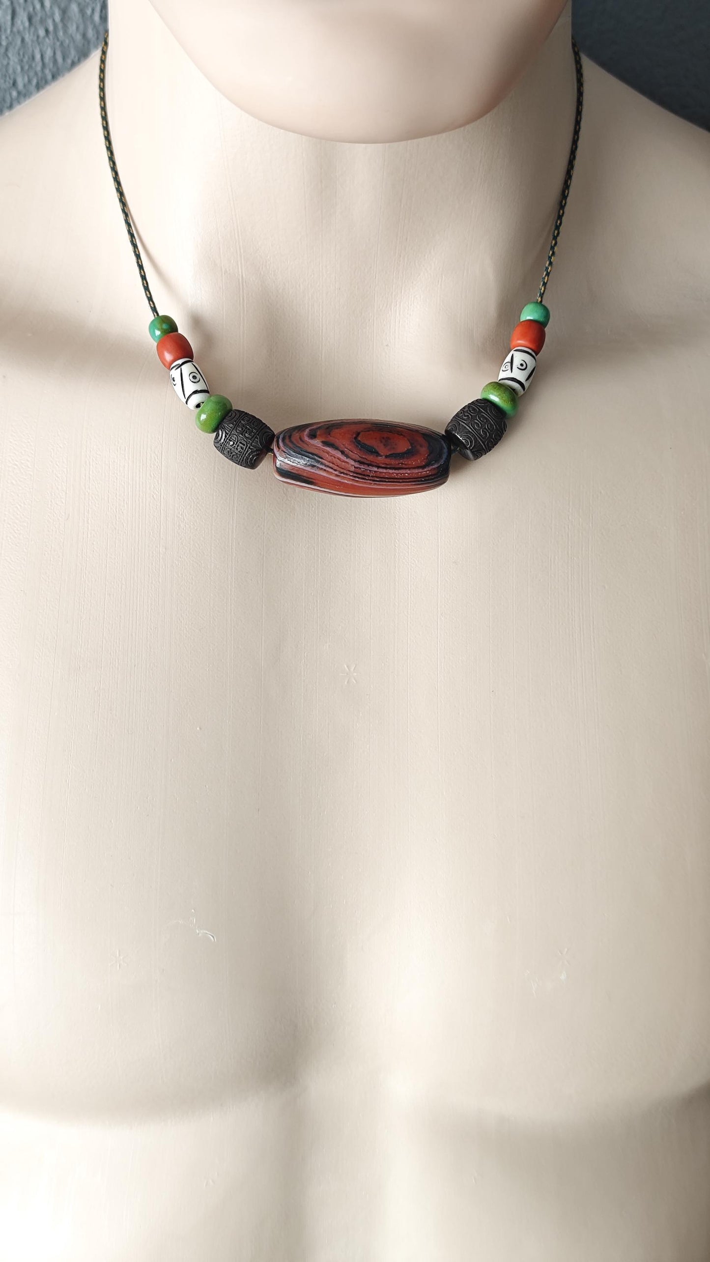 Tibetan Banded Dzi Bead Necklace, Hand Carved Yak Bone & Hardwood, Turquoise Tribal Amulet, Boho Adjustable Cord Choker for Men Women