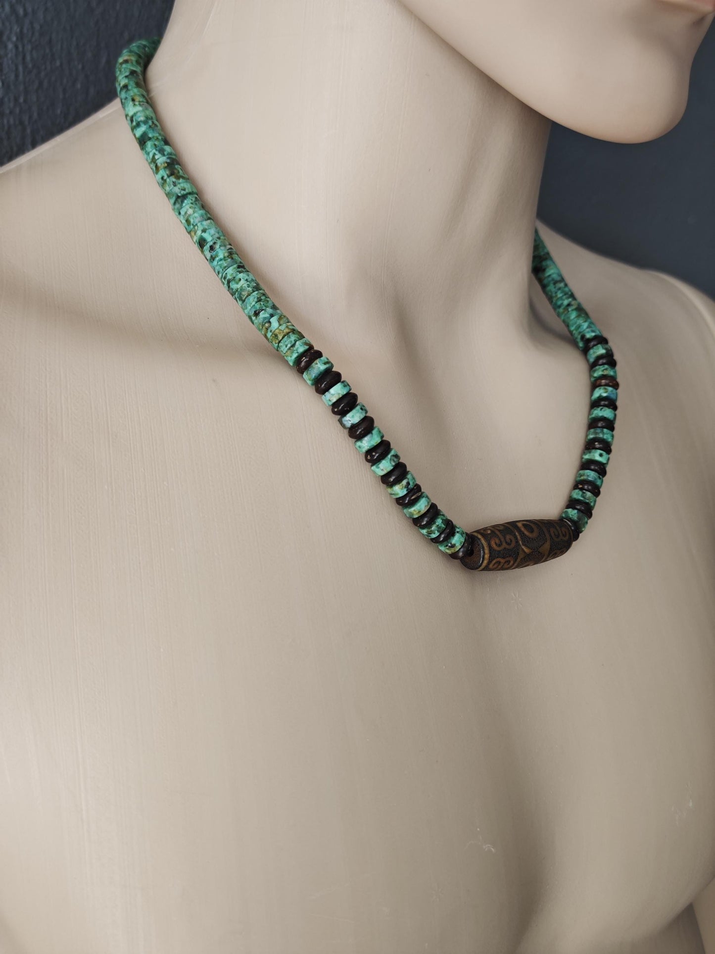 Handmade Vintage Dzi Bead Necklace with Turquoise & Coconut | Ethnic Spiritual Jewelry