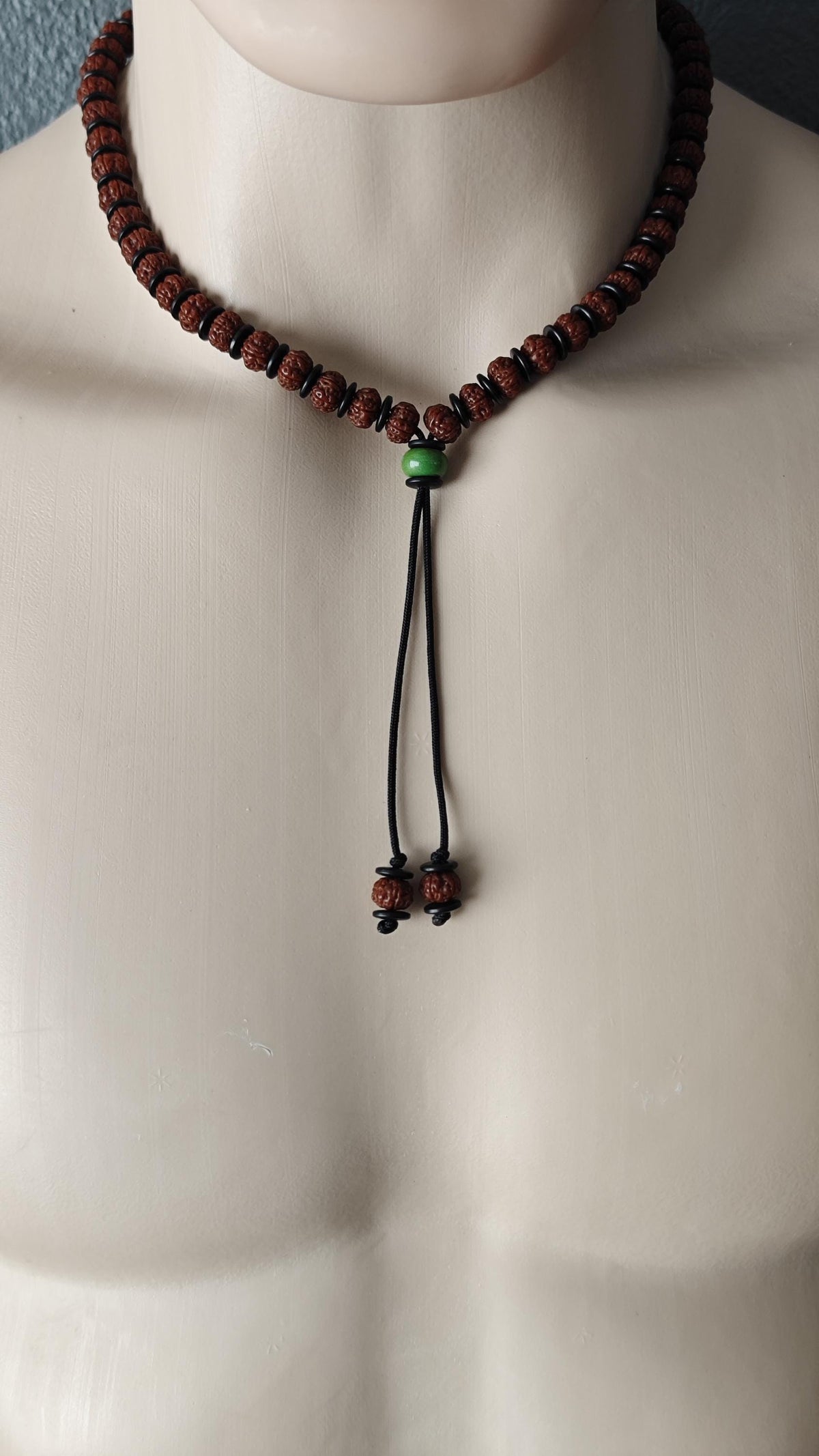 Vintage Tibetan Dzi Bead Mala Necklace, Green Turquoise Amulet, Sacred Protection Choker