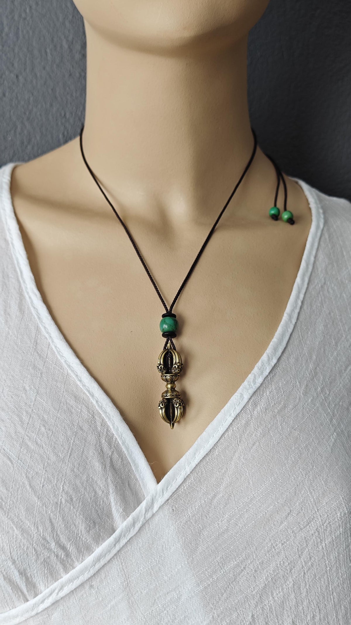 Brass Dorje Vajra Pendant Necklace, Turquoise Gemstone Choker, Tibetan Protection Amulet, Spiritual Yoga Gift, Adjustable Cord 40-76cm
