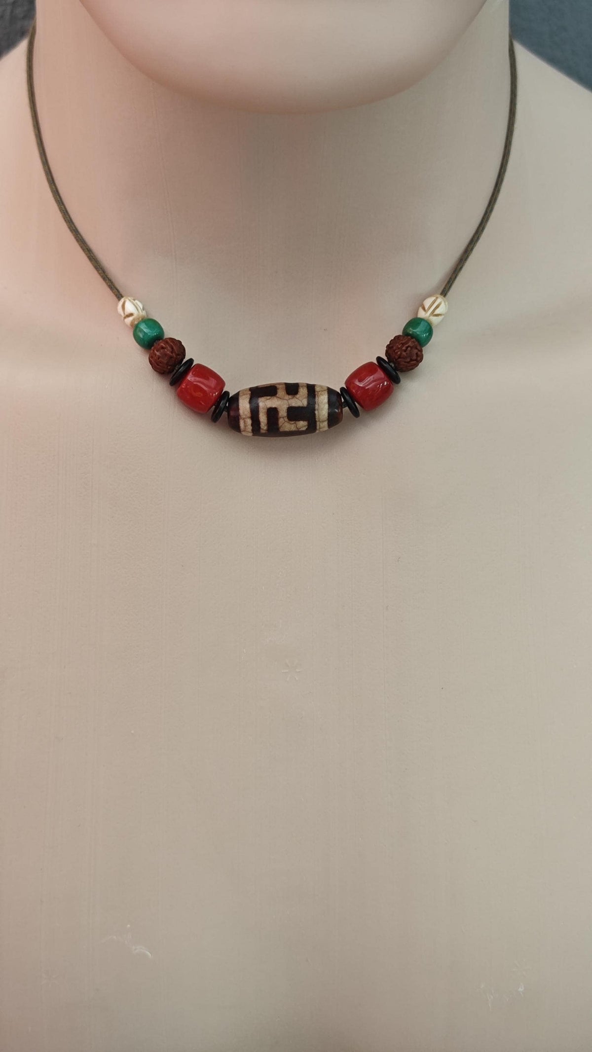 Vintage Tibetan Dzi Bead Necklace, Nan Hong Red Agate, Rudraksha, Yak Bone, Turquoise Amulet