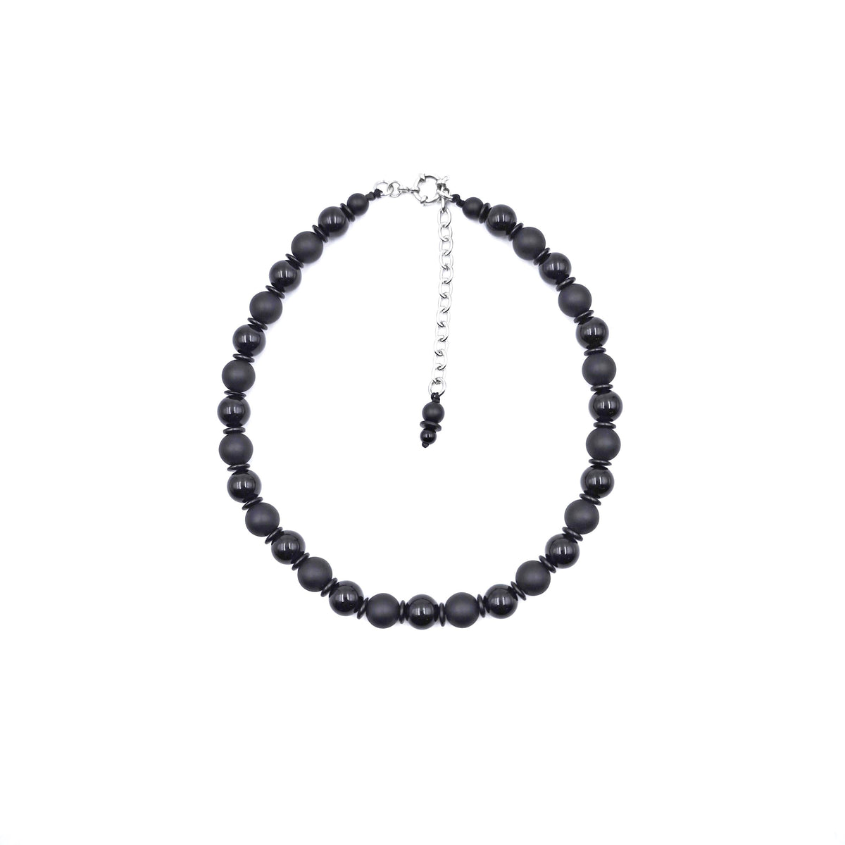 Matte Glossy Black Onyx Necklace, Agate Beaded Choker, Coconut Shell Spacer, Stainless Steel Chain, Goth Minimalist Unisex Jewelry 43cm