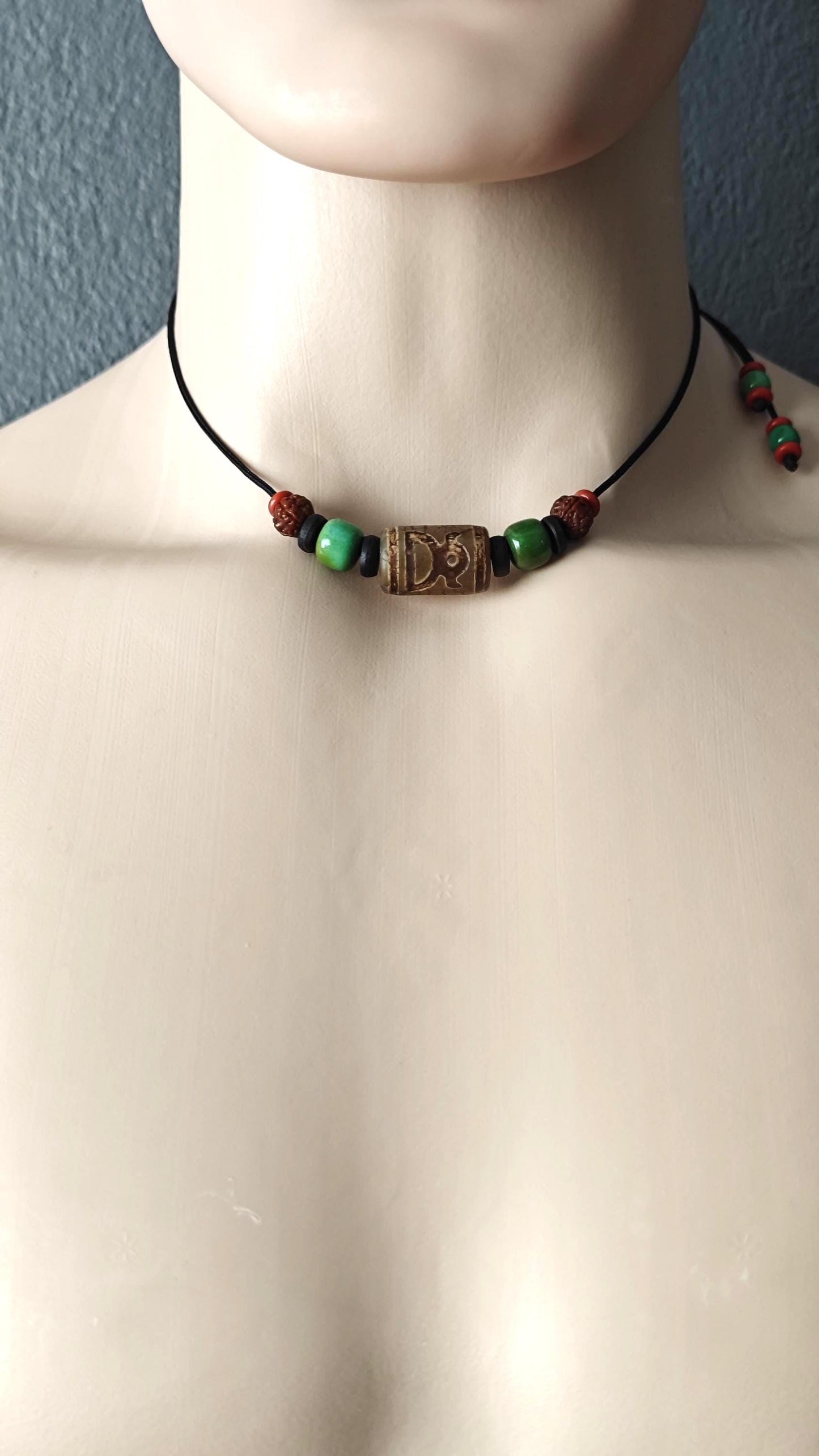 Vintage Tibetan Dzi Bead Necklace, Nan Hong Agate, Turquoise Choker, Tribal Boho Amulet (40-65cm)