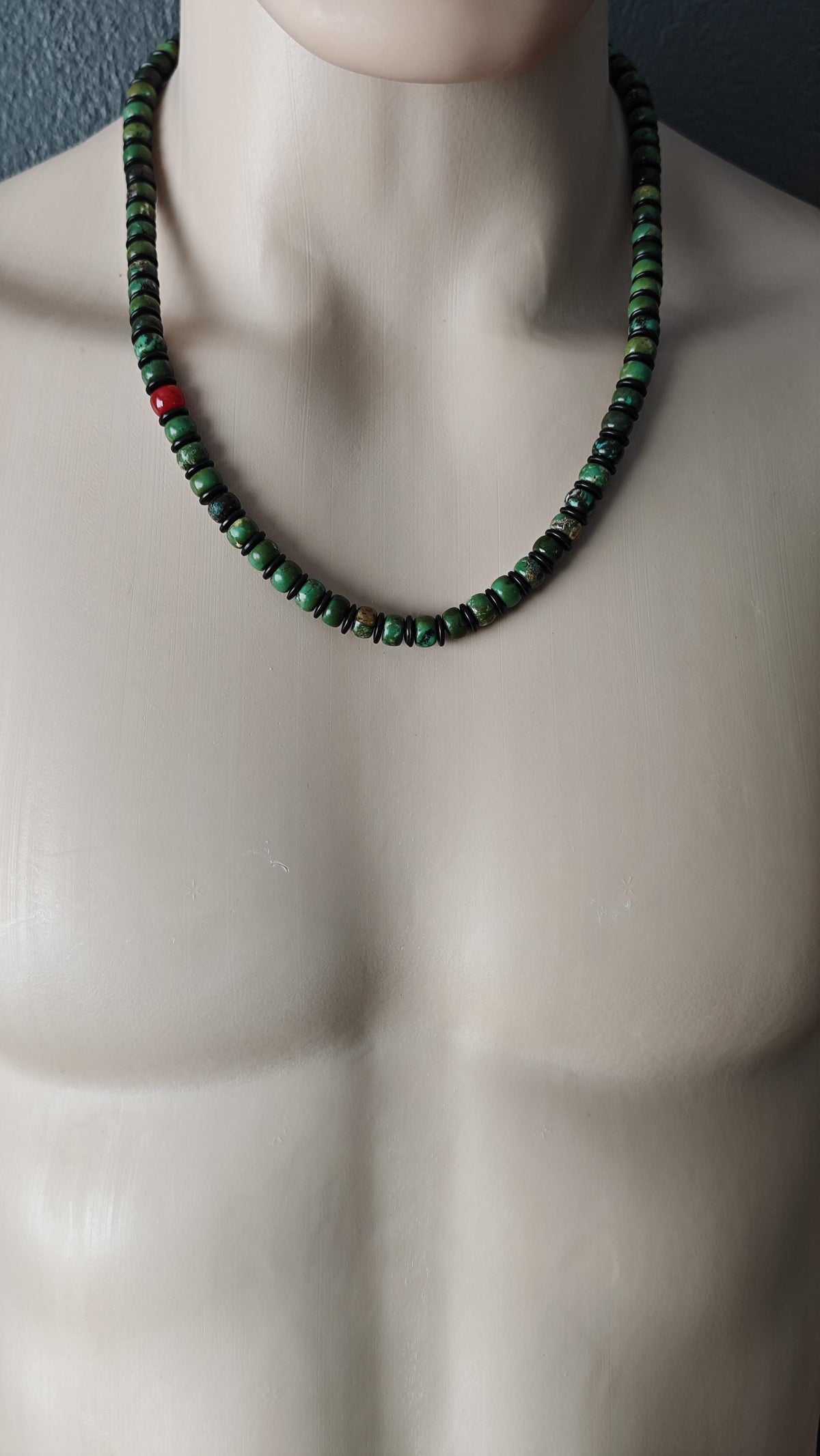 Turquoise Disc Beaded Necklace, Red Agate Accent, Coconut Shell Choker, Unisex Surfer Jewelry (50-58cm)