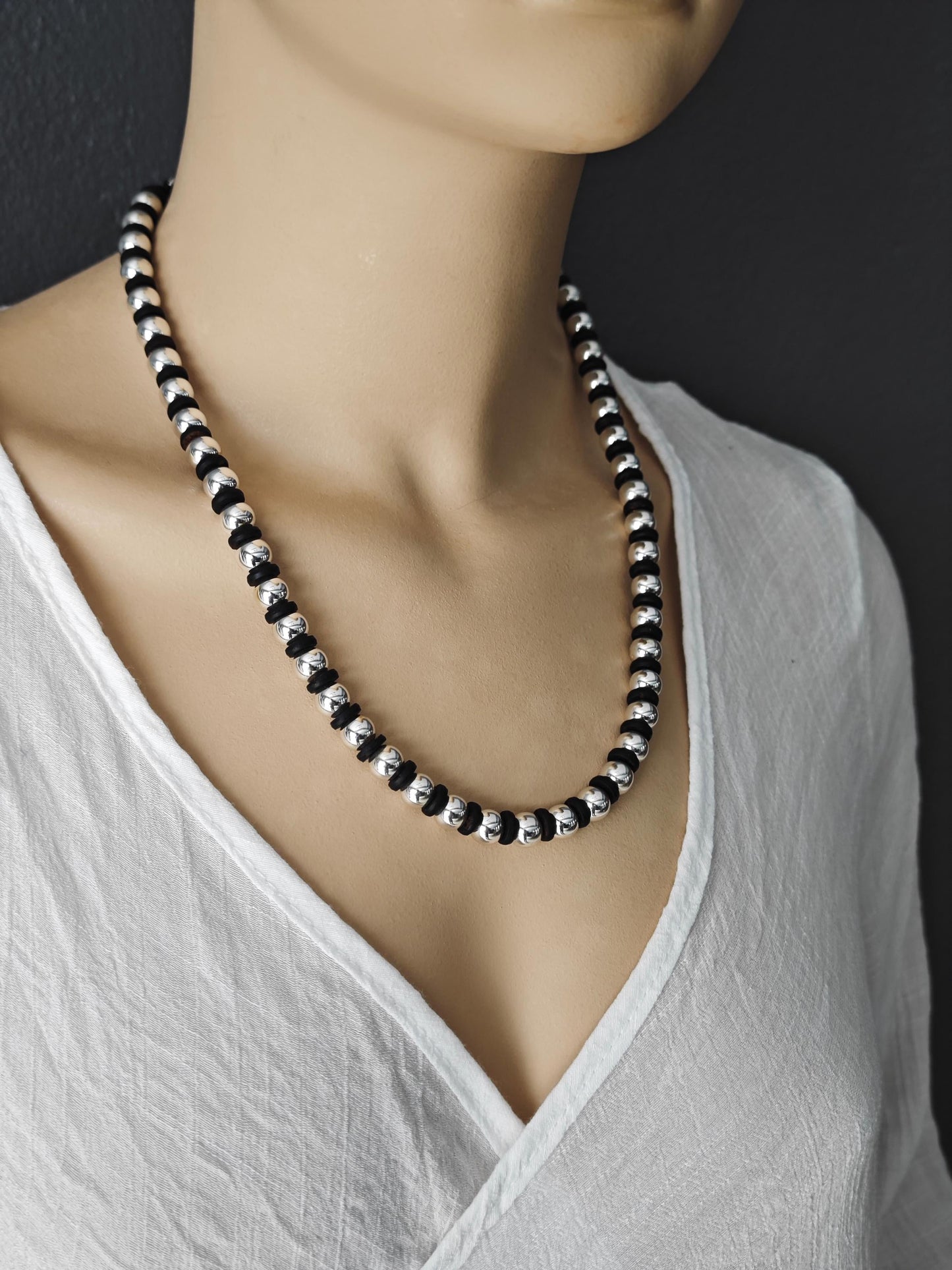 Handmade Hematite & Coconut Beaded Necklace | Silver Black Ethnic Boho Jewelry