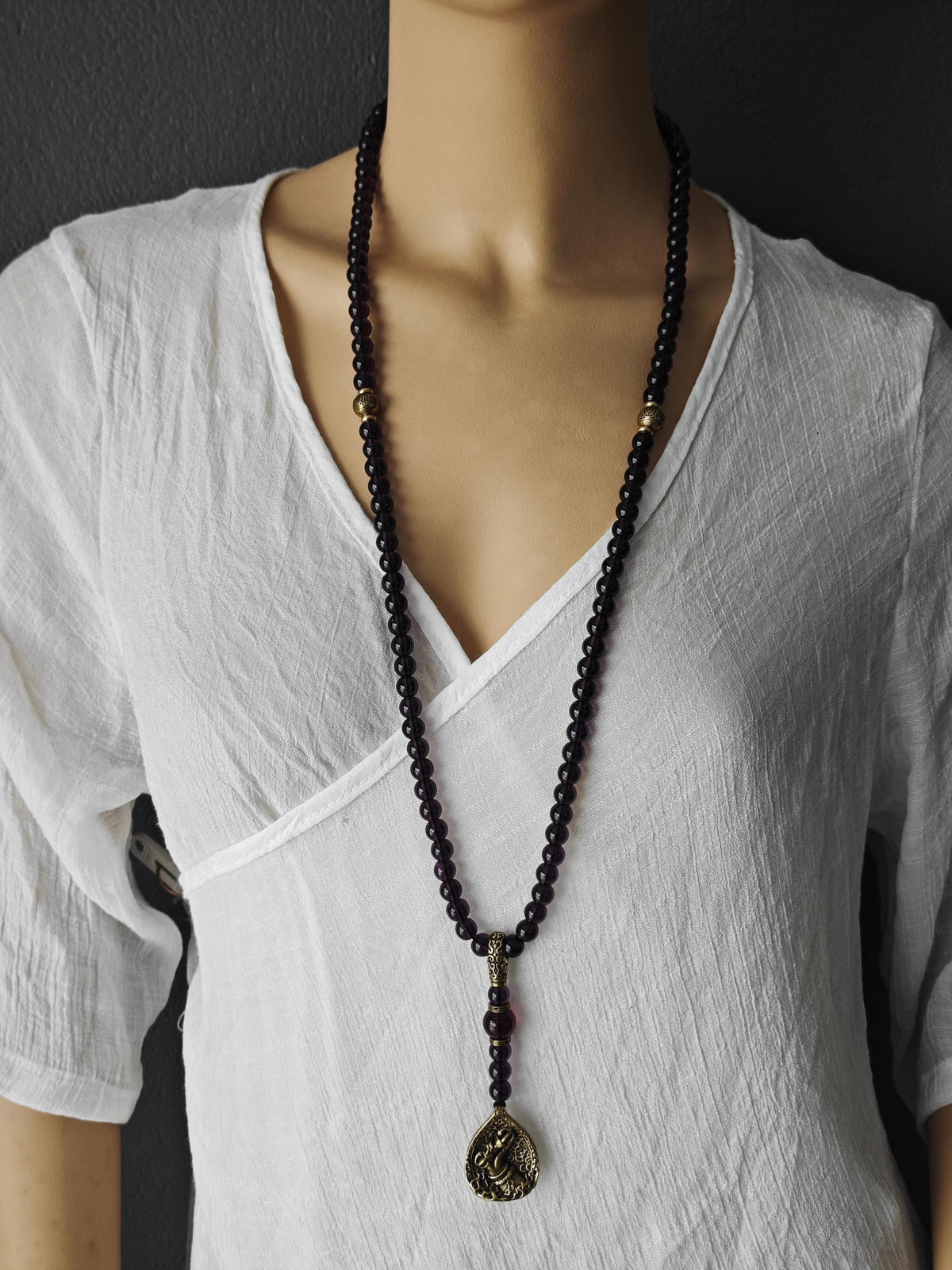 Long Purple Liuli & Copper Beaded Necklace with Statement Pendant | Spiritual Ethnic Boho Long Jewelry