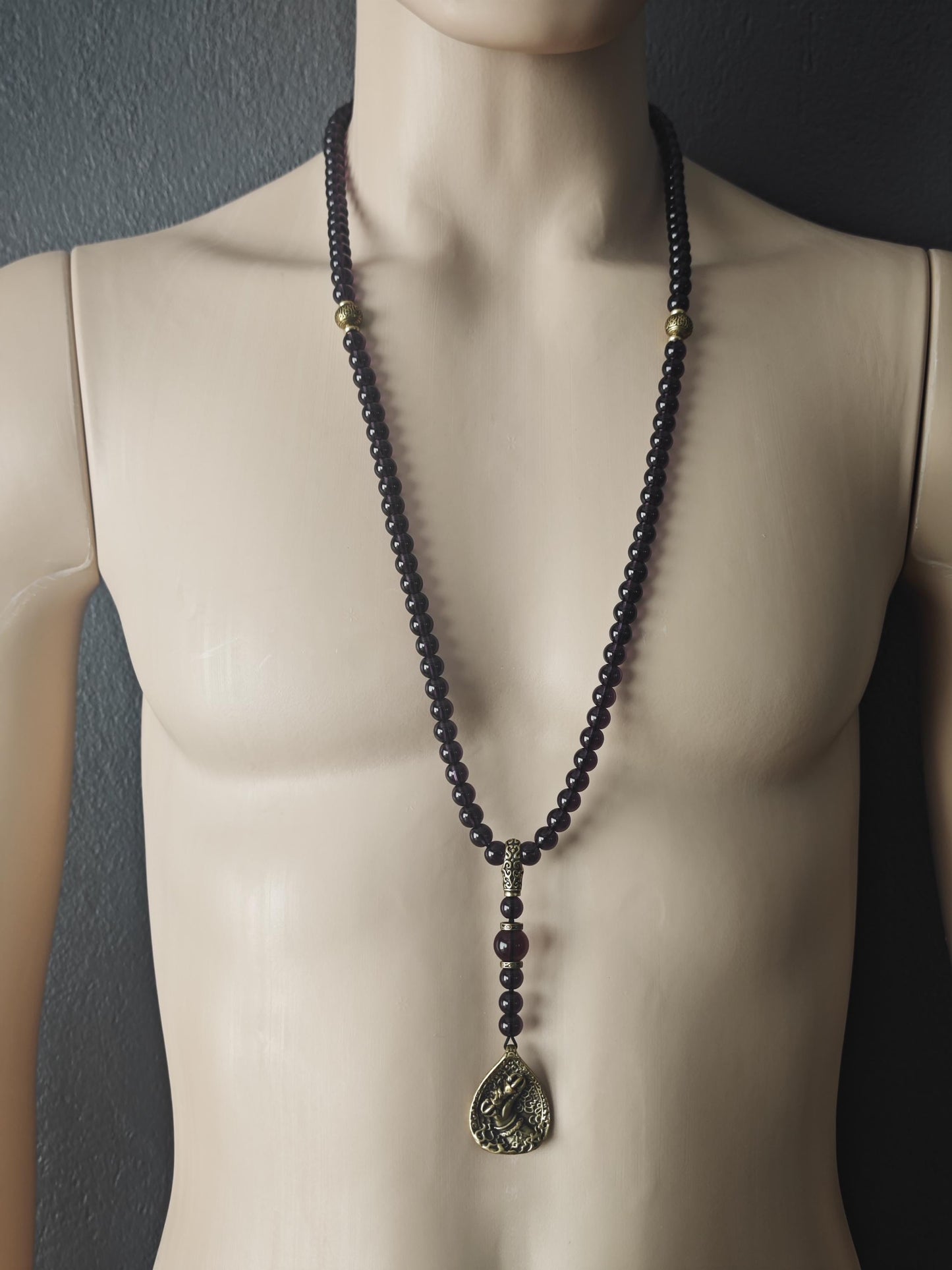 Long Purple Liuli & Copper Beaded Necklace with Statement Pendant | Spiritual Ethnic Boho Long Jewelry