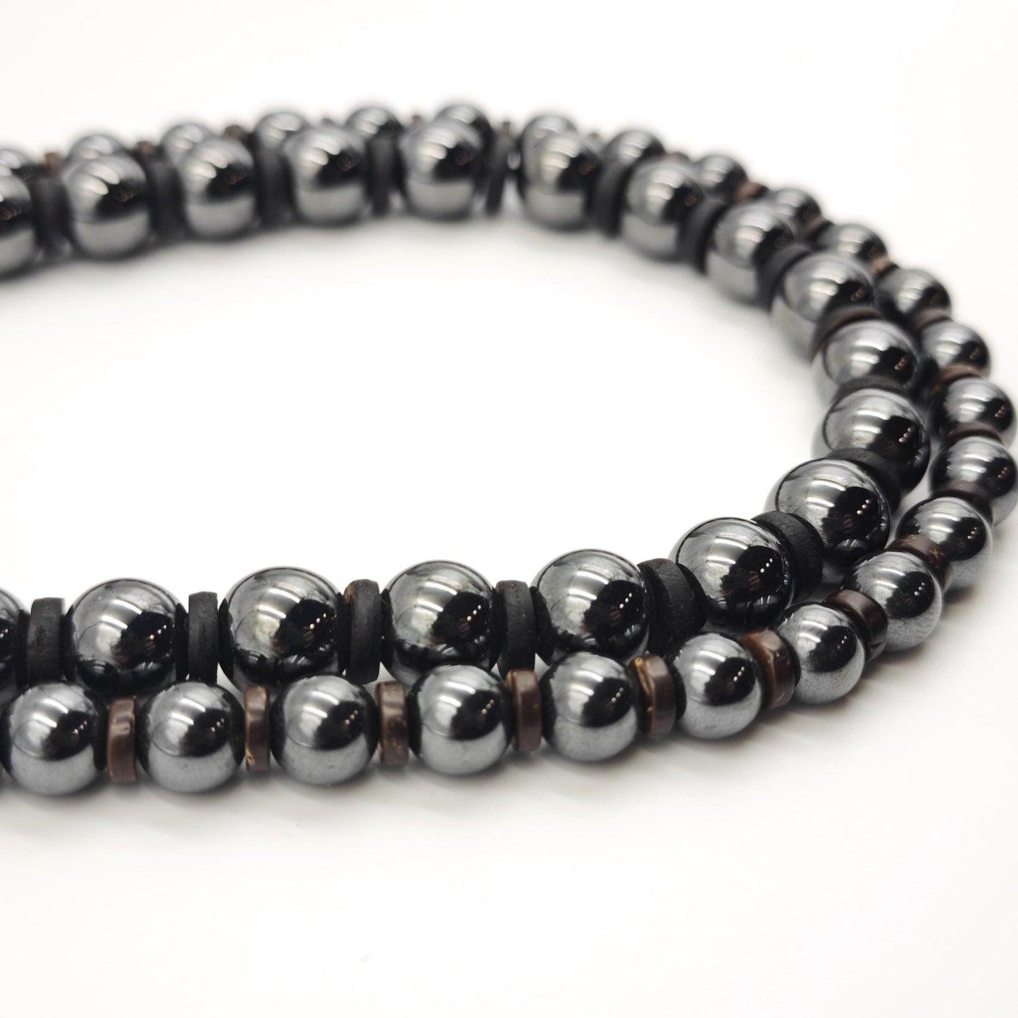 Hematite Beaded Necklace, Coconut Shell Surfer Choker, Metallic Black Stone Jewelry, Unisex Layering Chain, Couples Matching Gift, 54cm 56cm