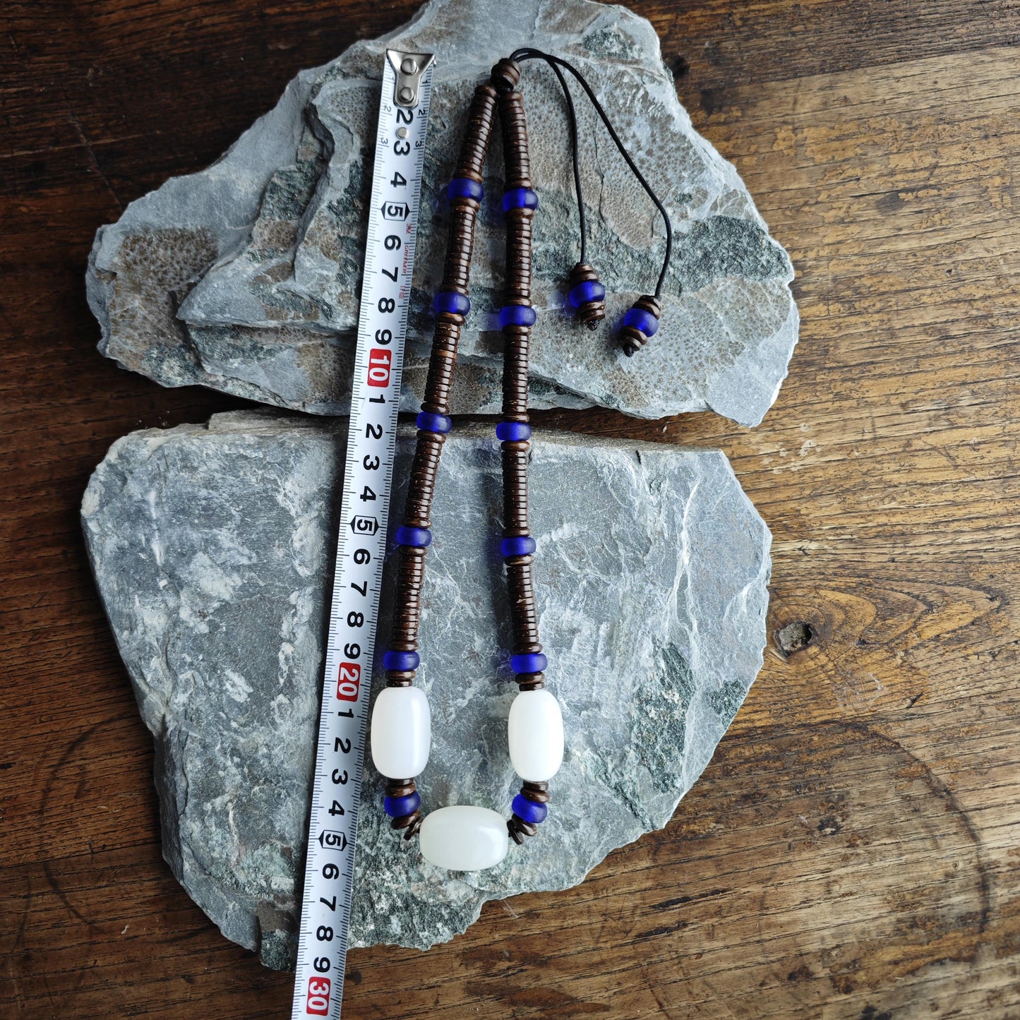 Mutton Fat White Jade Necklace, Cobalt Blue Liuli Bead Choker, Coconut Shell Heishi Chain, Zen Boho Jewelry, Unisex Gemstone Necklace 50cm