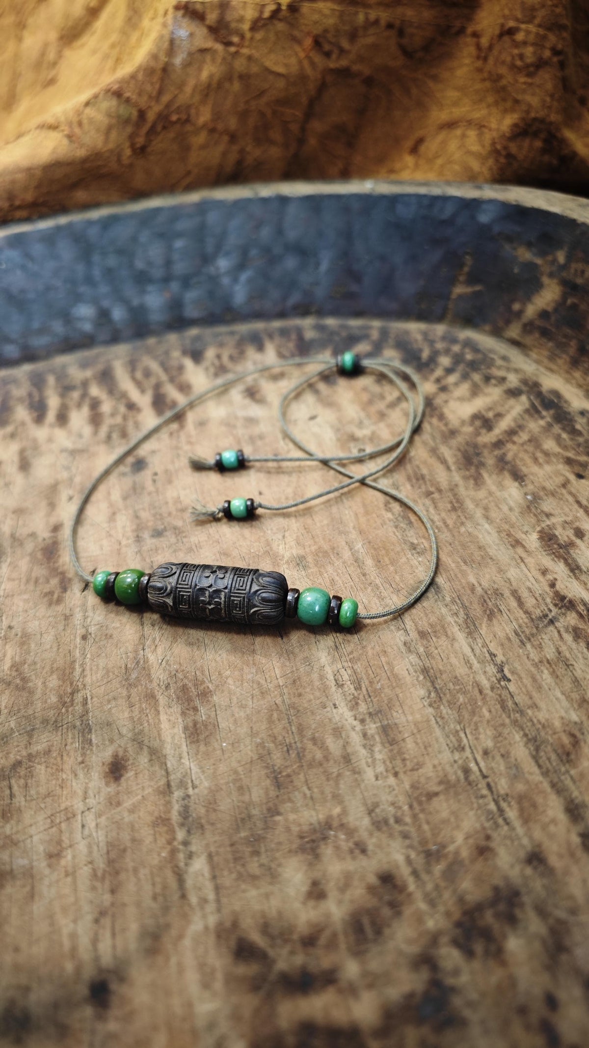 Hand Carved Hardwood Necklace, Large Carved Wood Bead Choker, Turquoise Tribal Boho Amulet, Adjustable Cord Pendant 40-70cm