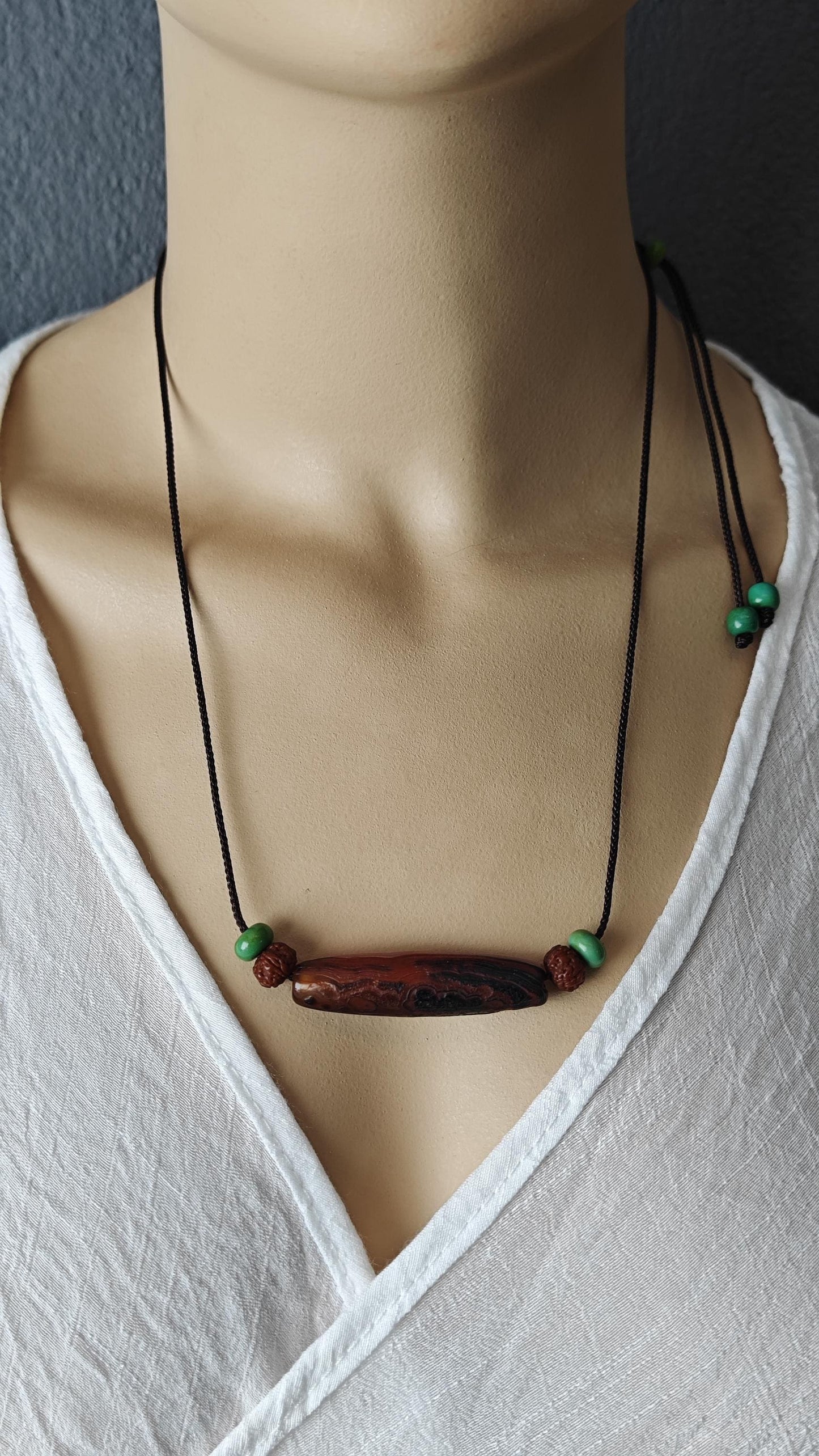 Tibetan Banded Agate Dzi Bead Necklace, Turquoise Rudraksha Mala Choker, Zen Tribal Boho Amulet, Adjustable Cord Pendant 40-70cm