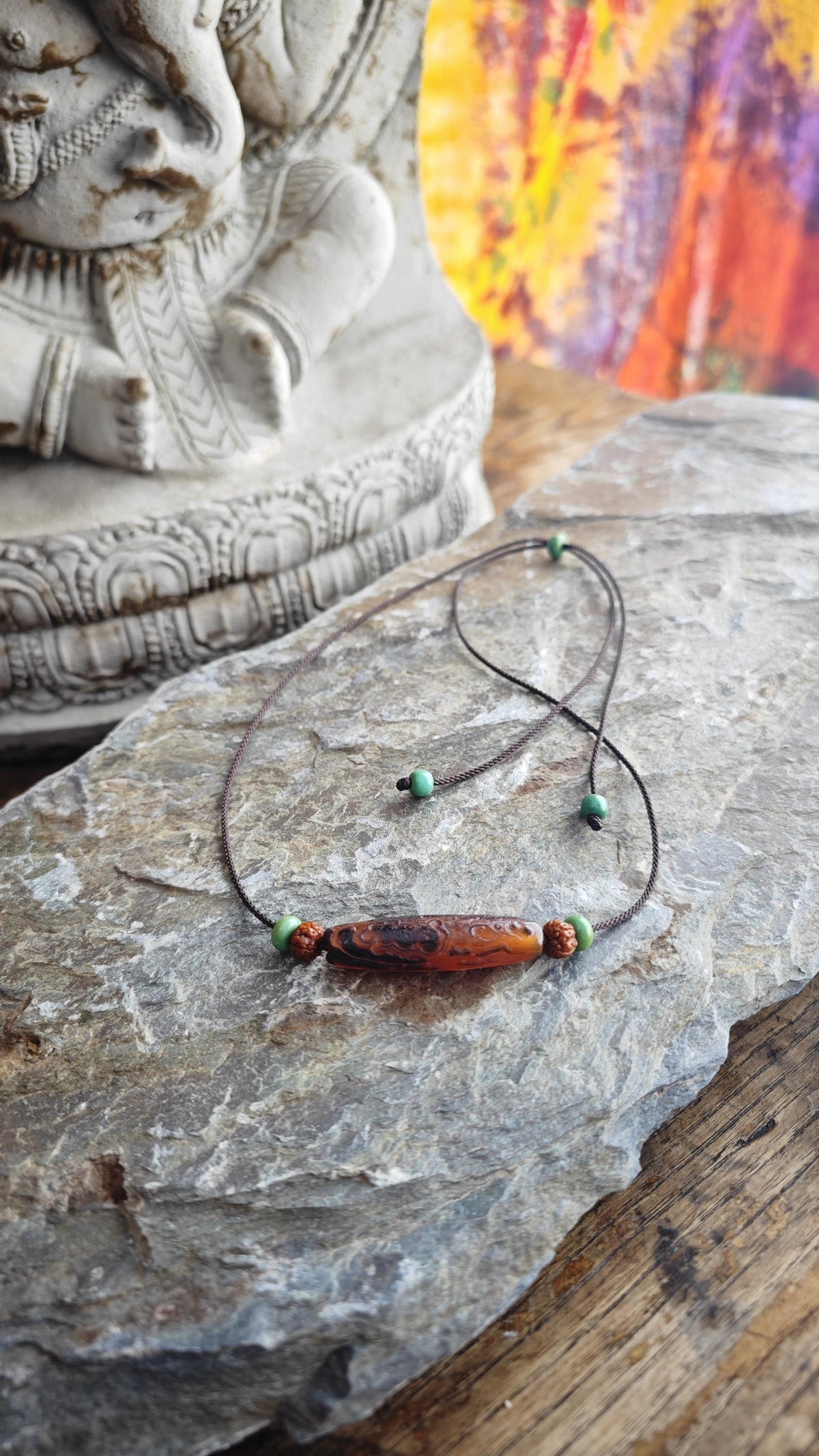 Tibetan Banded Agate Dzi Bead Necklace, Turquoise Rudraksha Mala Choker, Zen Tribal Boho Amulet, Adjustable Cord Pendant 40-70cm
