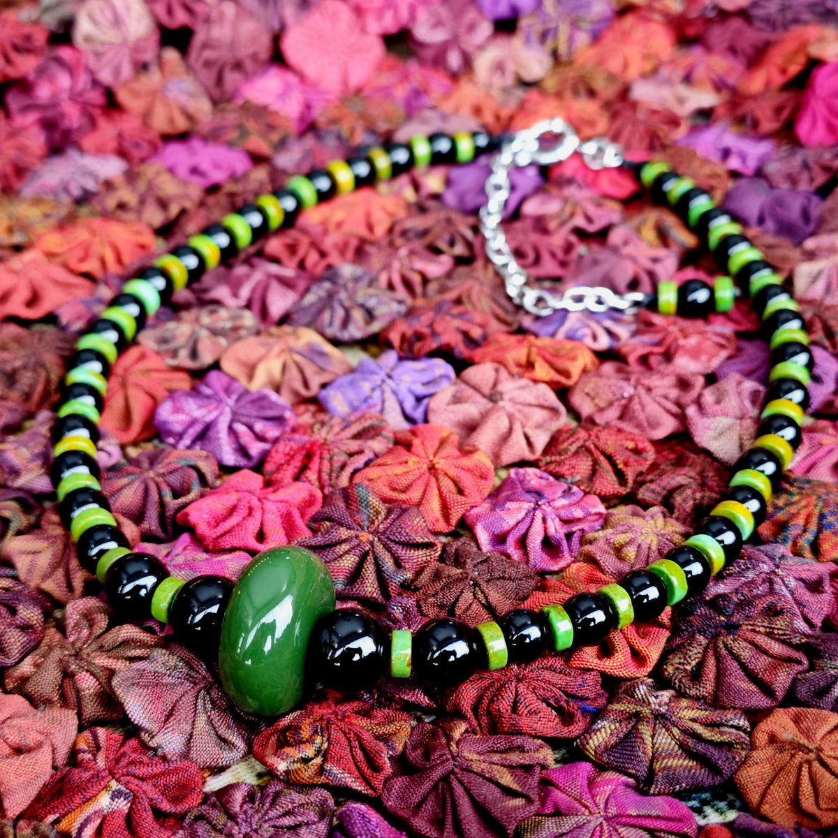 Natural Green Jade Pendant Necklace with Black Onyx & Turquoise | Adjustable Ethnic Bohemian Jewelry