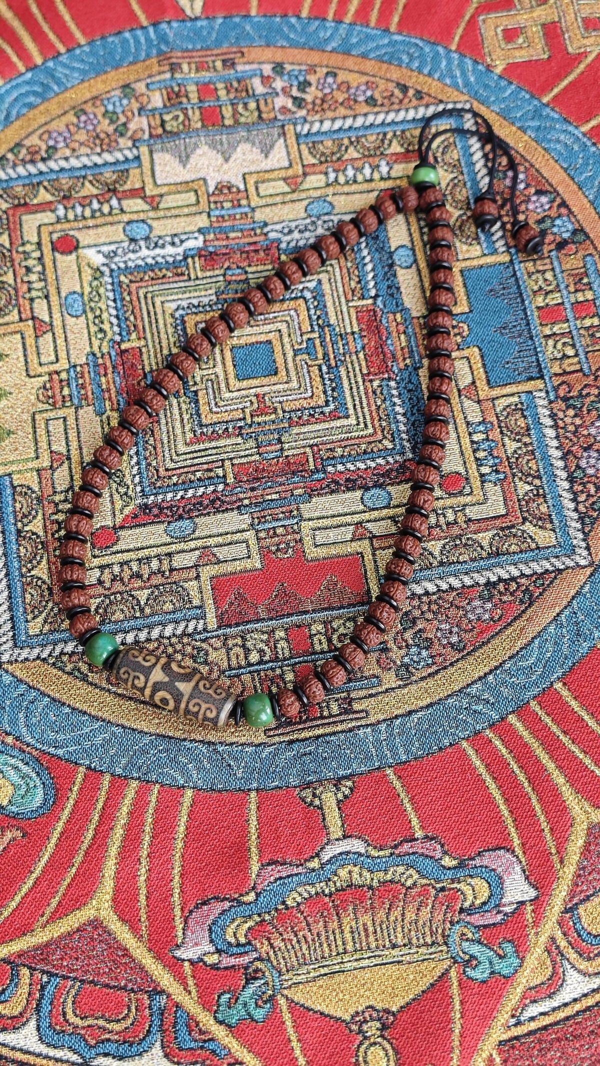 Vintage Tibetan Dzi Bead Mala Necklace, Green Turquoise Amulet, Sacred Protection Choker