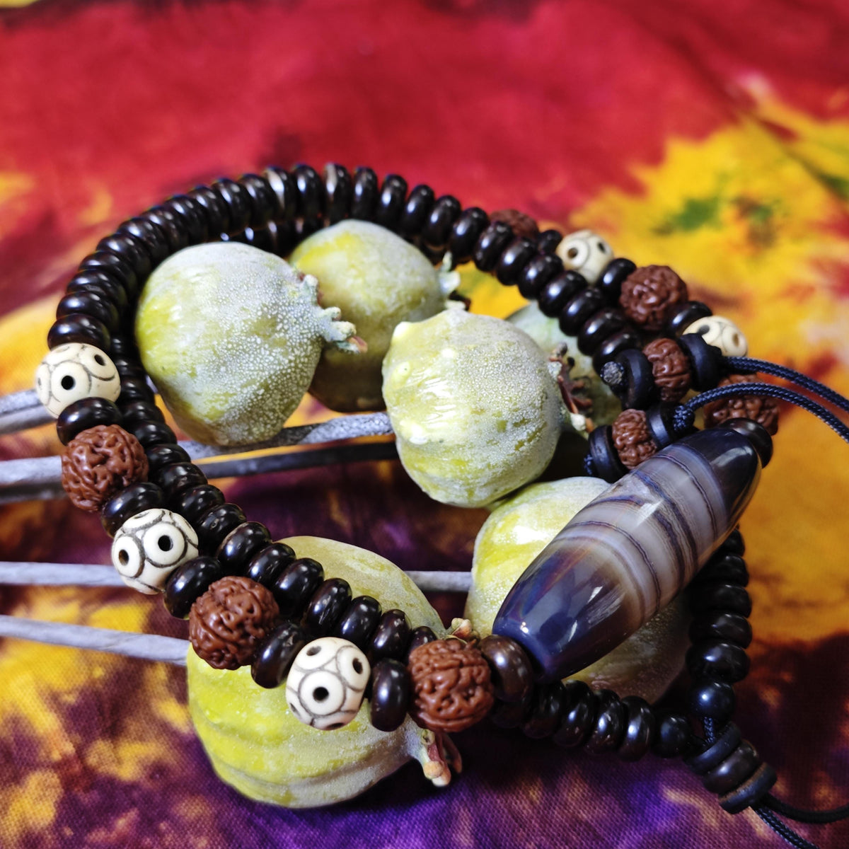 Handmade Sardonyx Agate Necklace with Rudraksha & Yak Bone, Ethnic Spiritual Boho Jewelry
