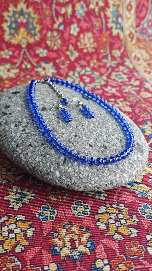 Cobalt Royal Blue Liuli Beaded Necklace Earring Set, Hematite Spacer, 925 Sterling Silver Hook, Handmade Glass Jewelry Set, 42-50cm