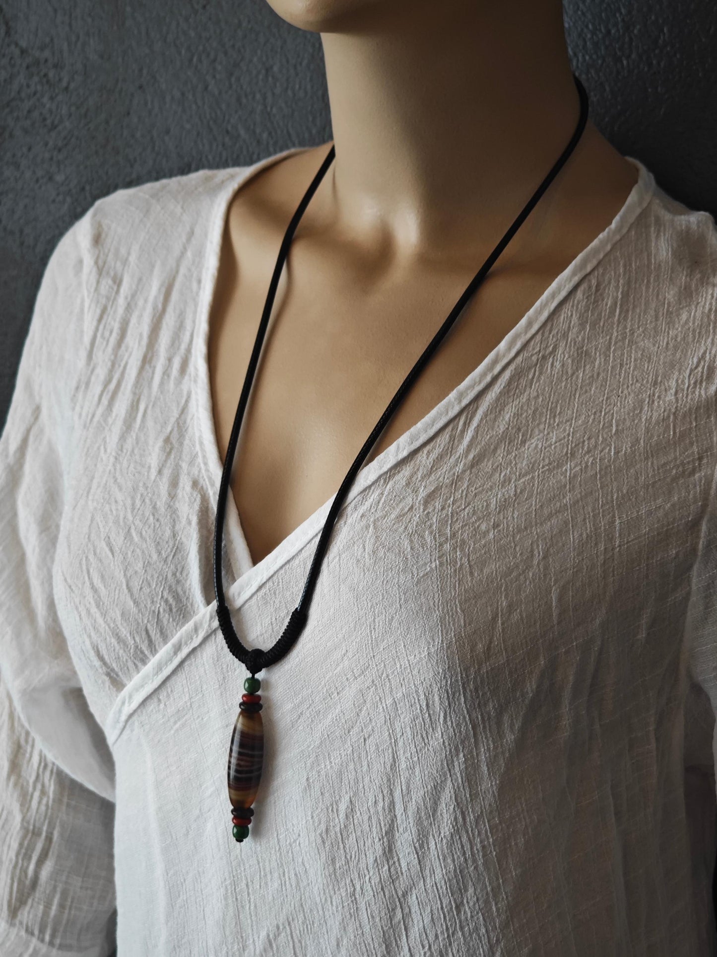 Handmade Sardonyx Agate Dzi Bead Necklace, Nan Hong Agate, Turquoise, Ethnic Bohemian Jewelry