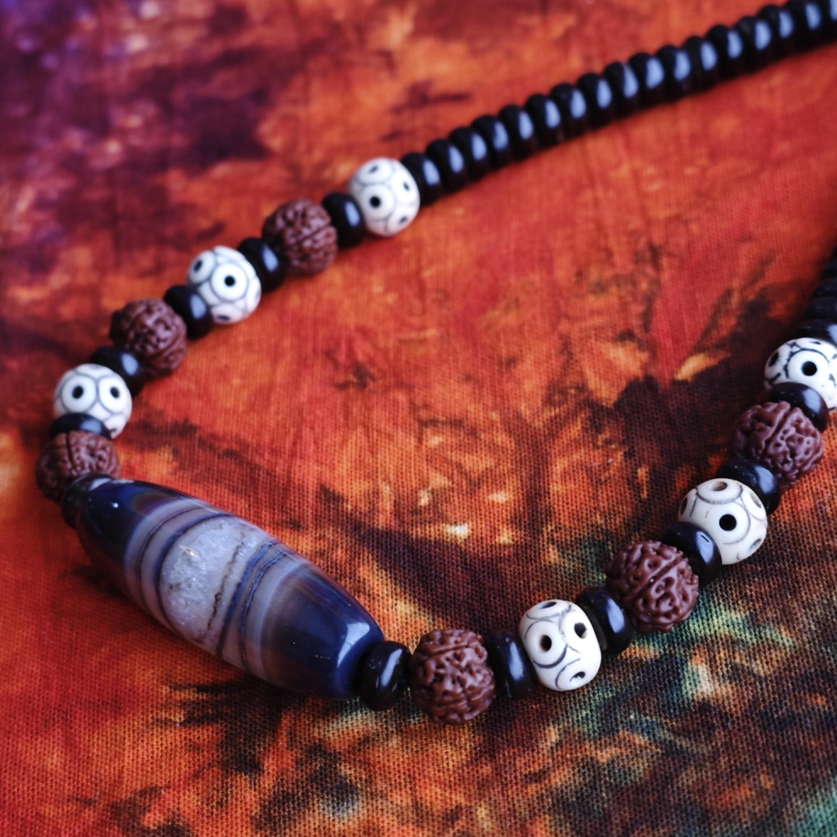 Handmade Sardonyx Agate Necklace with Rudraksha & Yak Bone, Ethnic Spiritual Boho Jewelry
