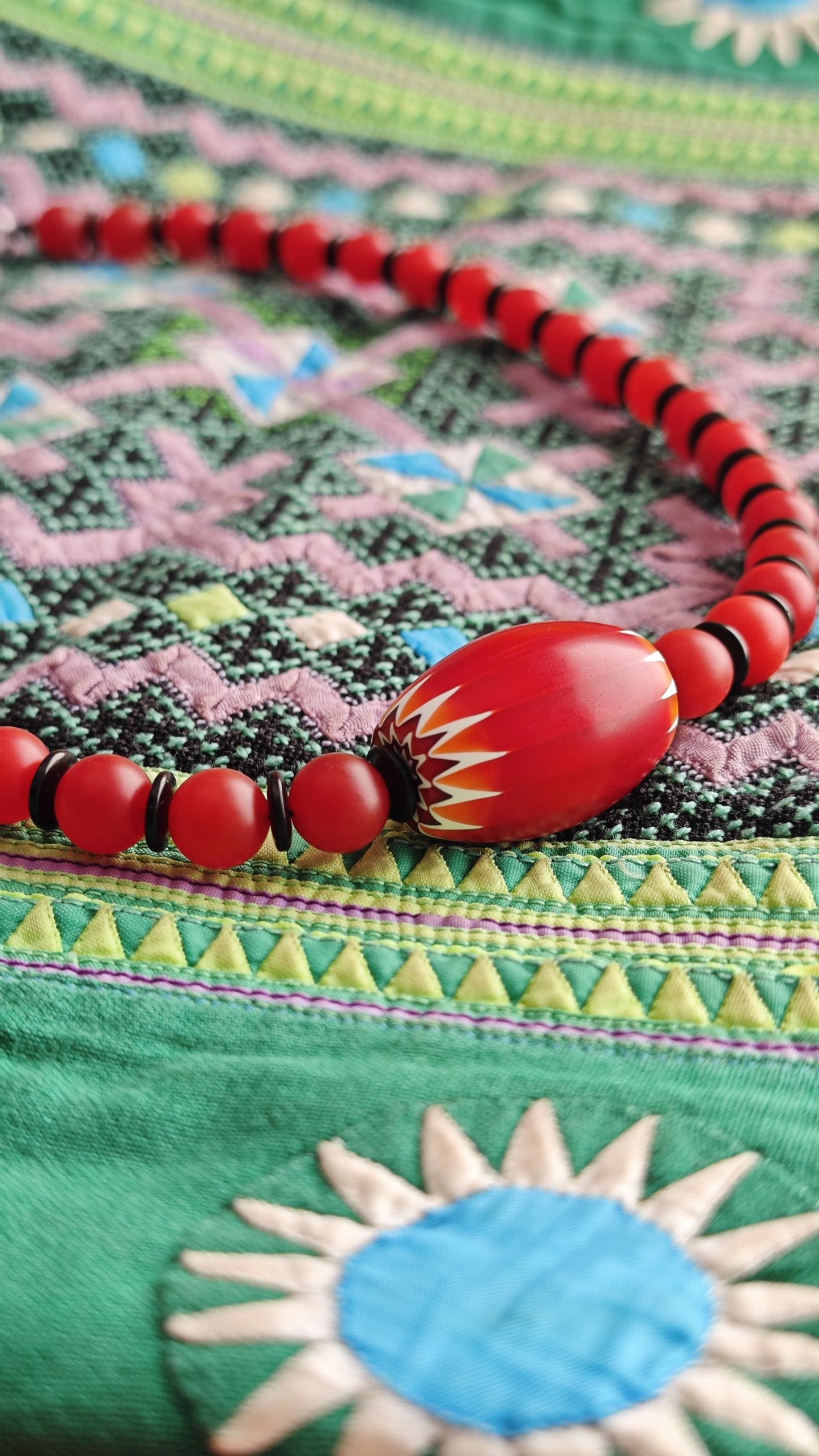 Red Chevron African Trade Bead Necklace, Nan Hong Agate, Coconut Disc, Stainless Steel Clasp