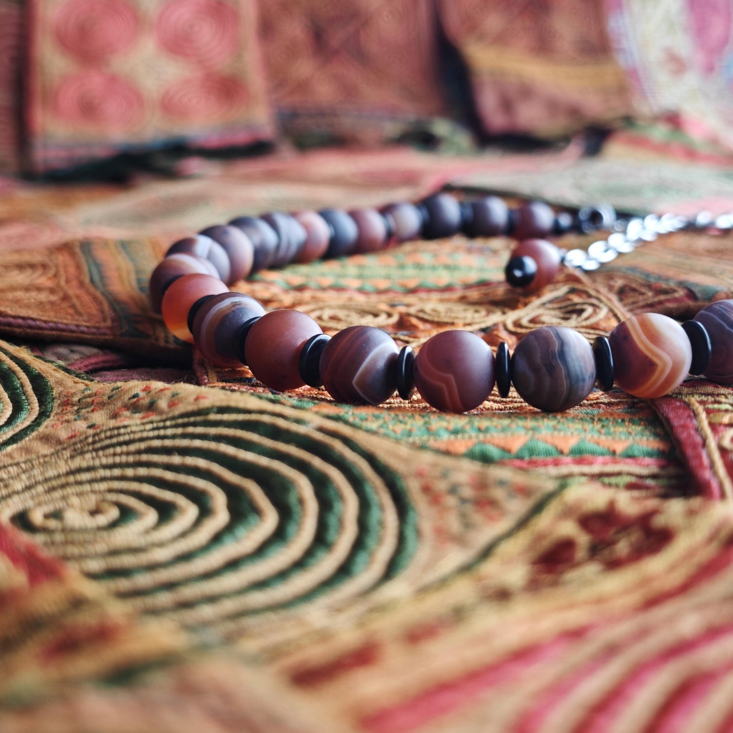 Handmade Matte Banded Agate Necklace with Coconut Spacers | Adjustable Ethnic Boho Jewelry