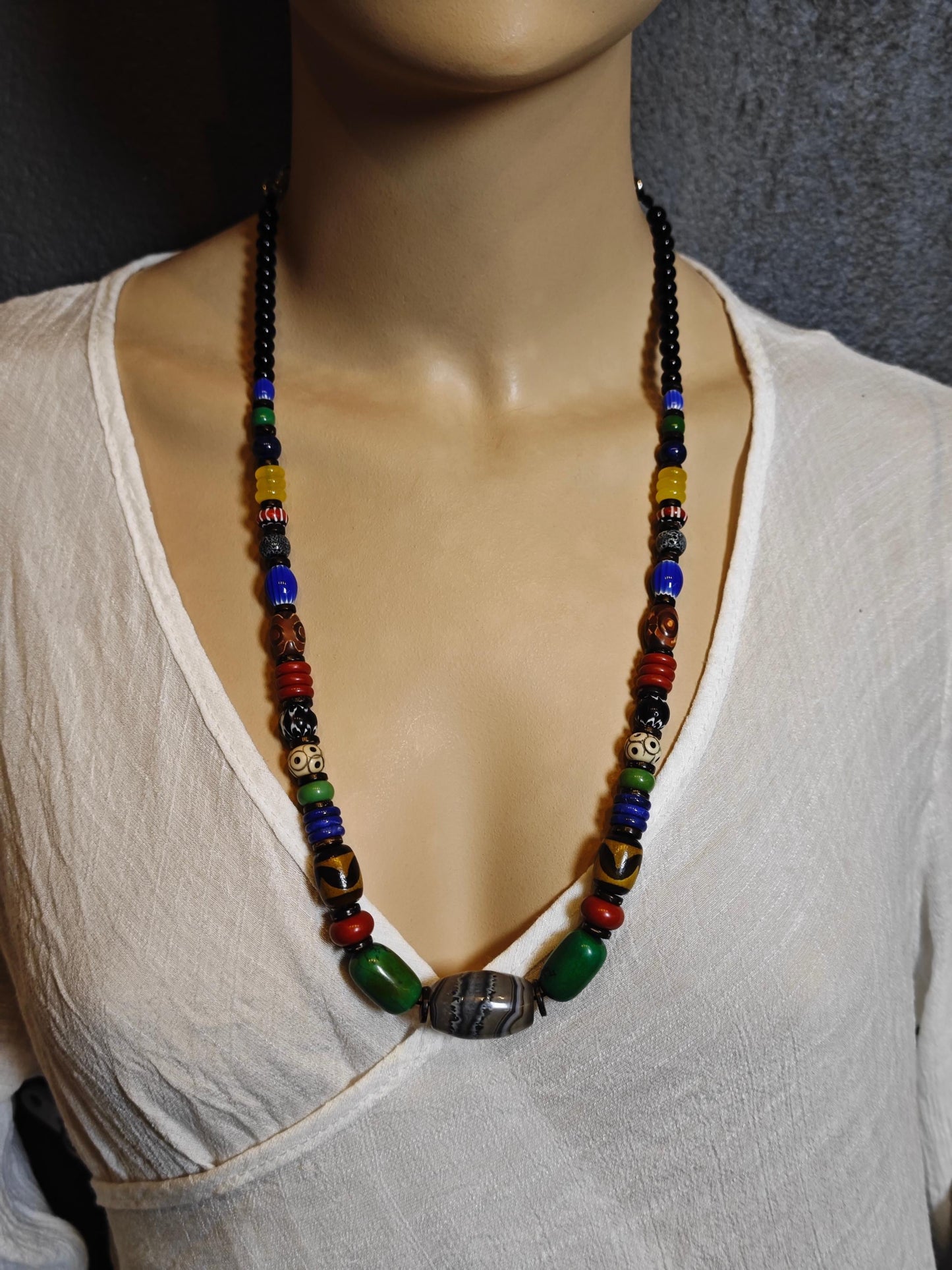 Handmade Multi Gemstone Necklace with Sardonyx, Turquoise & Mini Dzi Bead | Ethnic Bohemian Jewelry