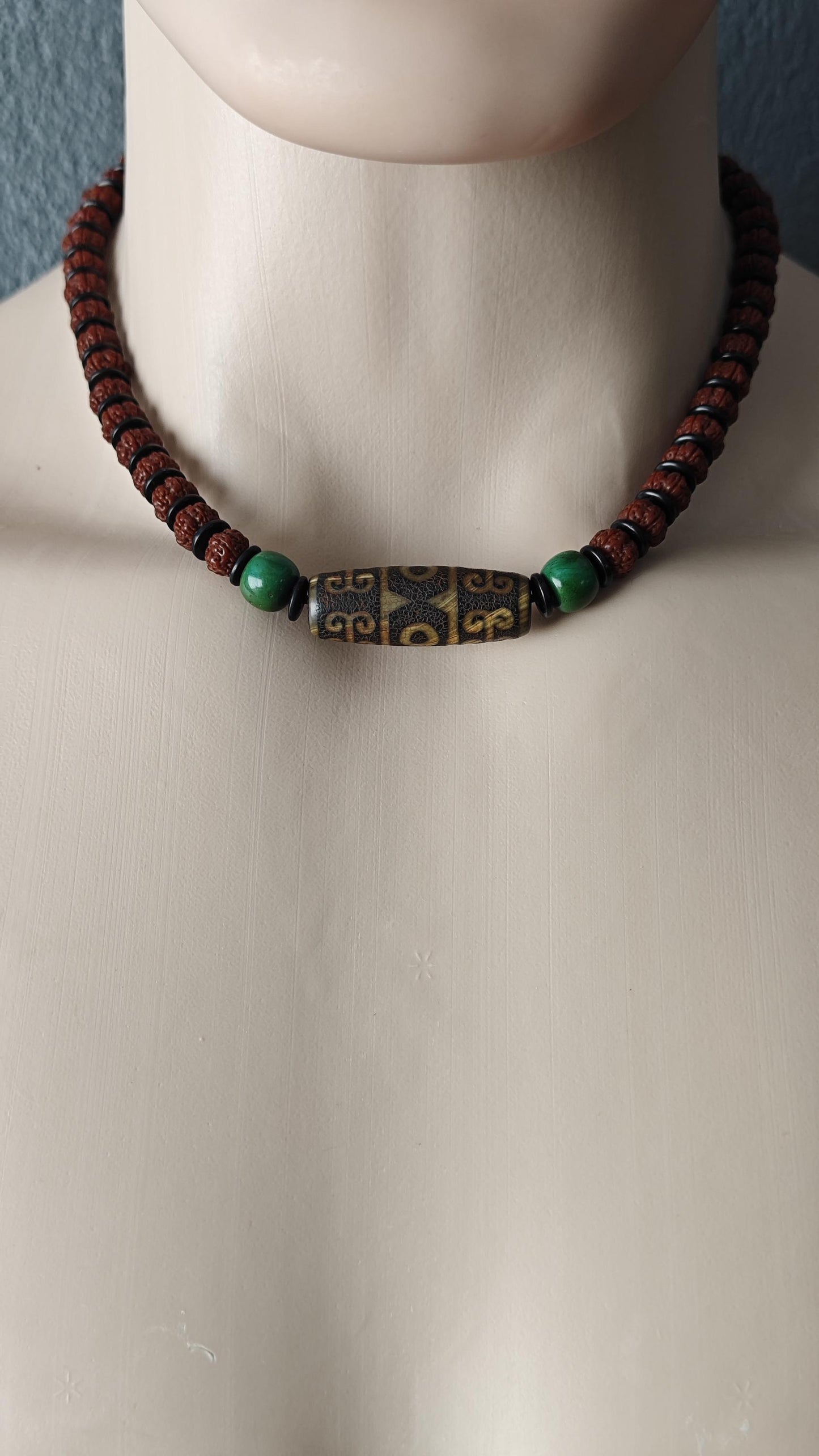 Vintage Tibetan Dzi Bead Mala Necklace, Green Turquoise Amulet, Sacred Protection Choker