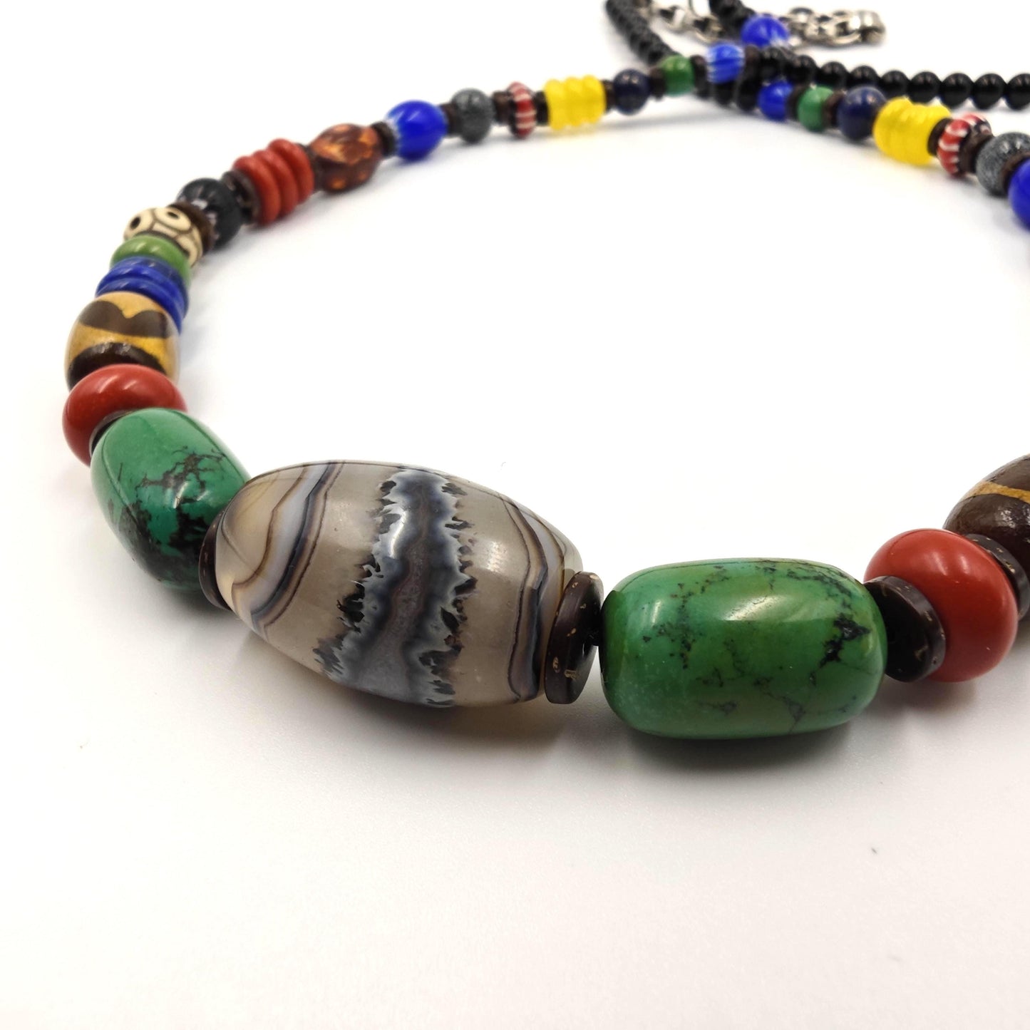 Handmade Multi Gemstone Necklace with Sardonyx, Turquoise & Mini Dzi Bead | Ethnic Bohemian Jewelry